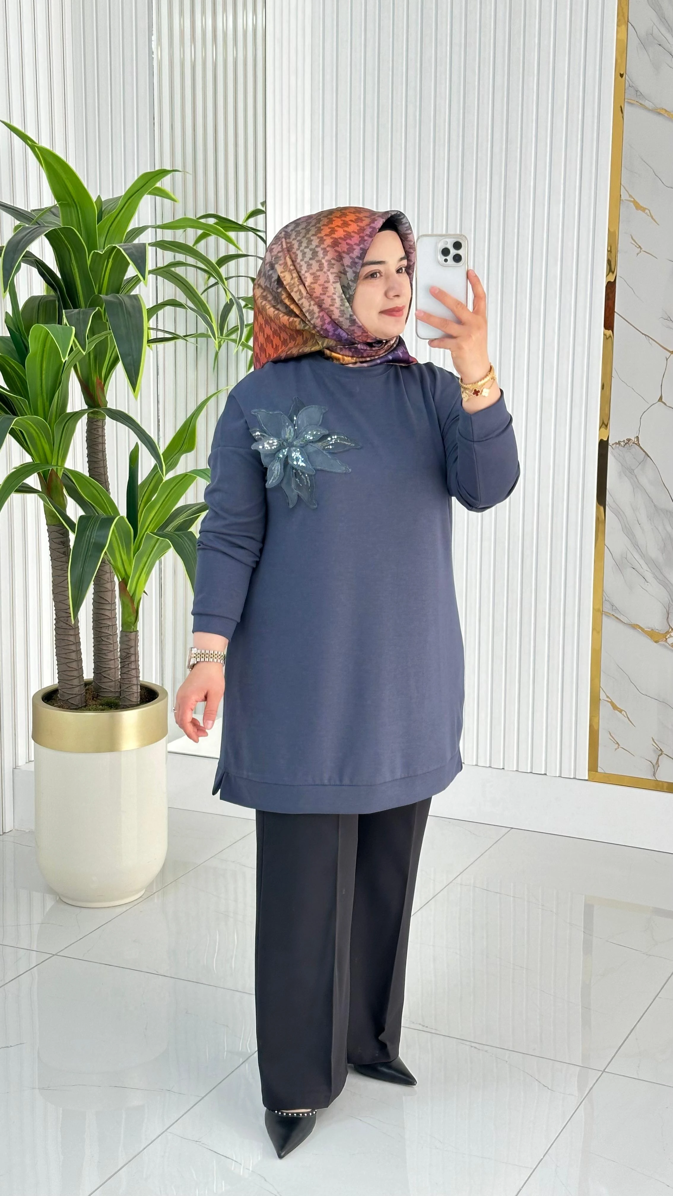 Kado Çiçek Desenli Tunik 7346 - Füme