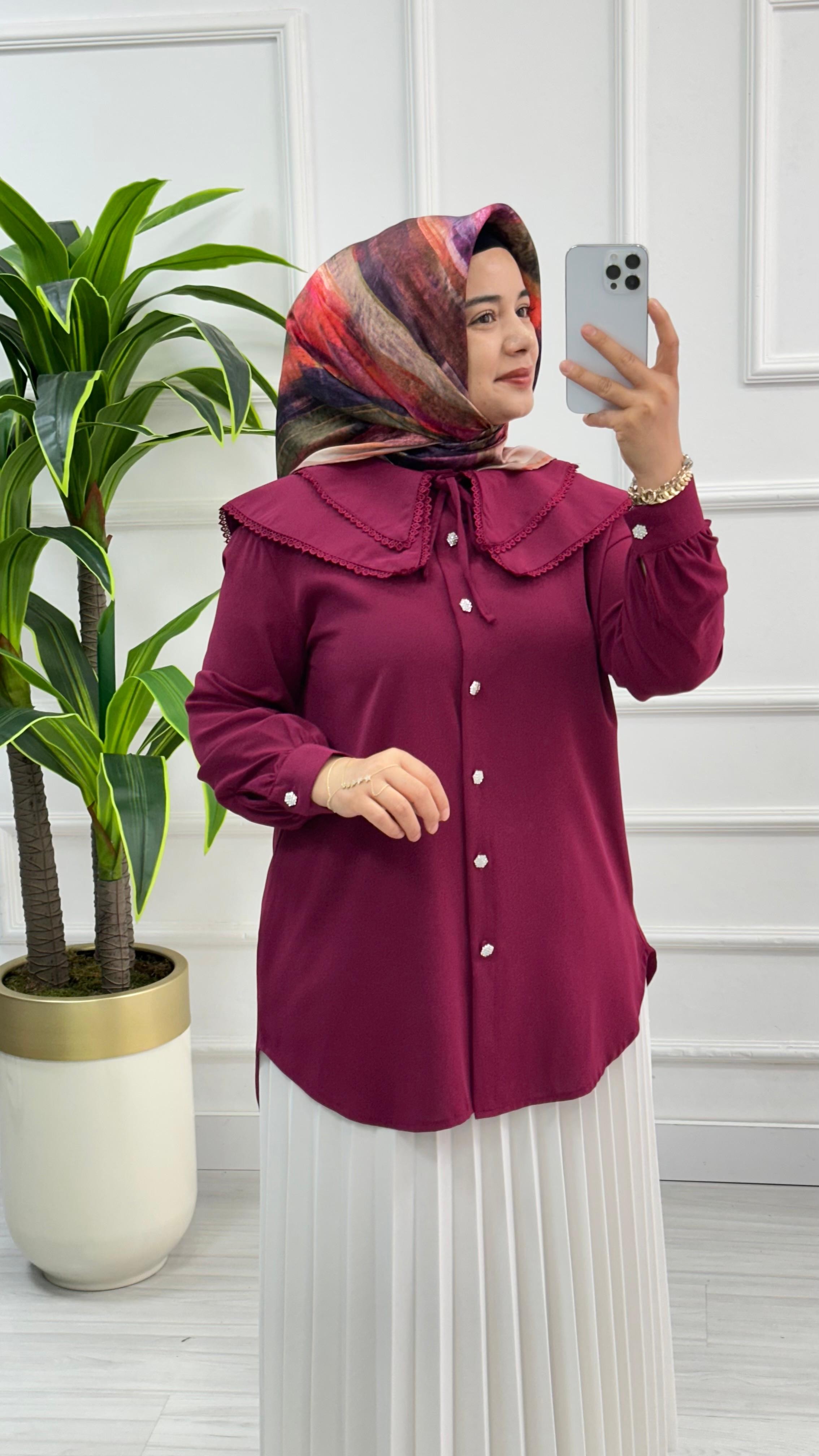 Dantelli Çift Yakalı Linda Tunik 1734 - Bordo