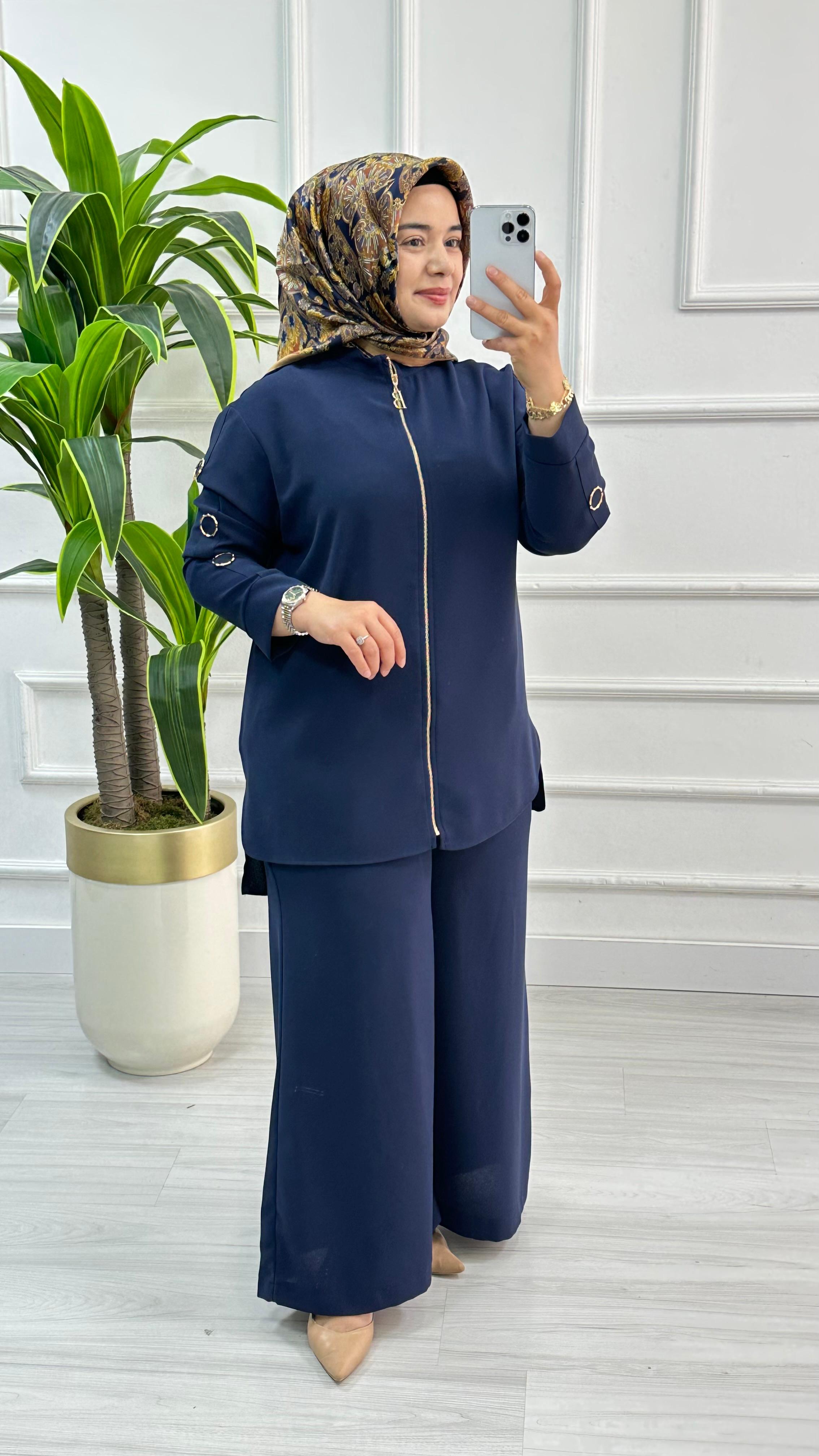 Belli (Armine) Ceket ve Pantolonlu Krep Takım 6001 - Lacivert
