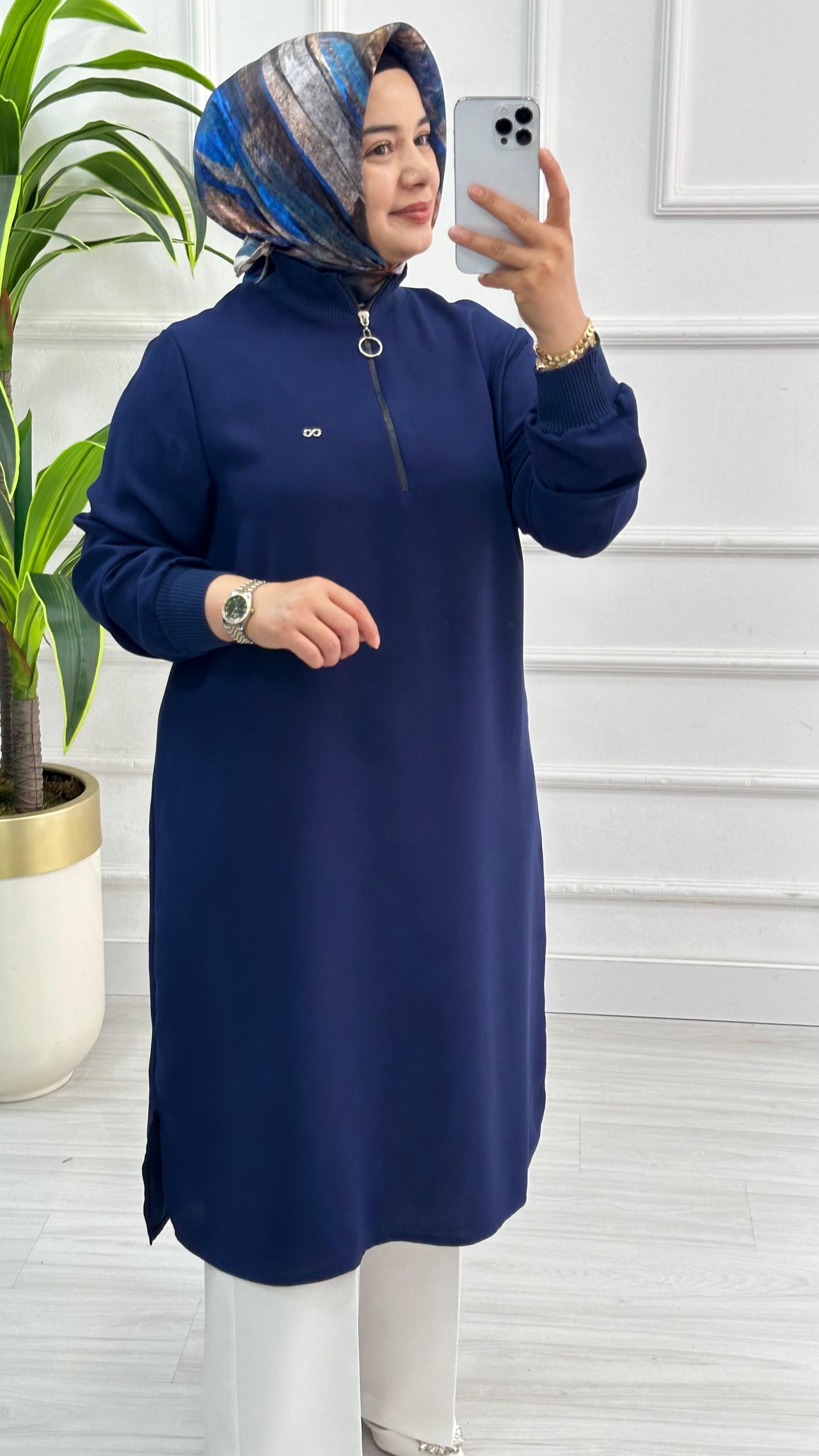 Kado Fermuarlı Uzun Boy Tesettür Tunik 1591 - Lacivert