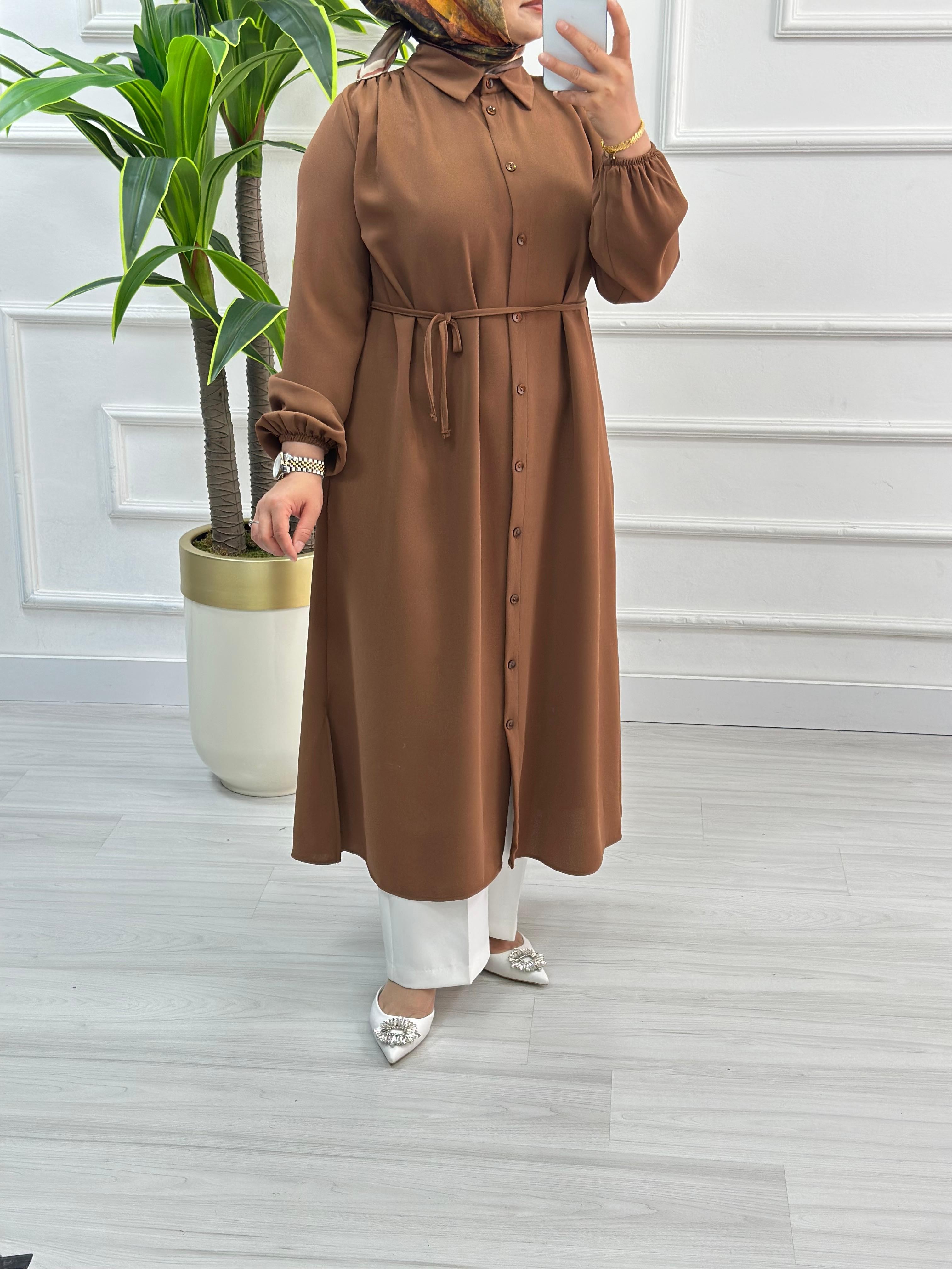 Omuzları Büzgülü Linda Kumaş Tunik 1562 - Kahverengi