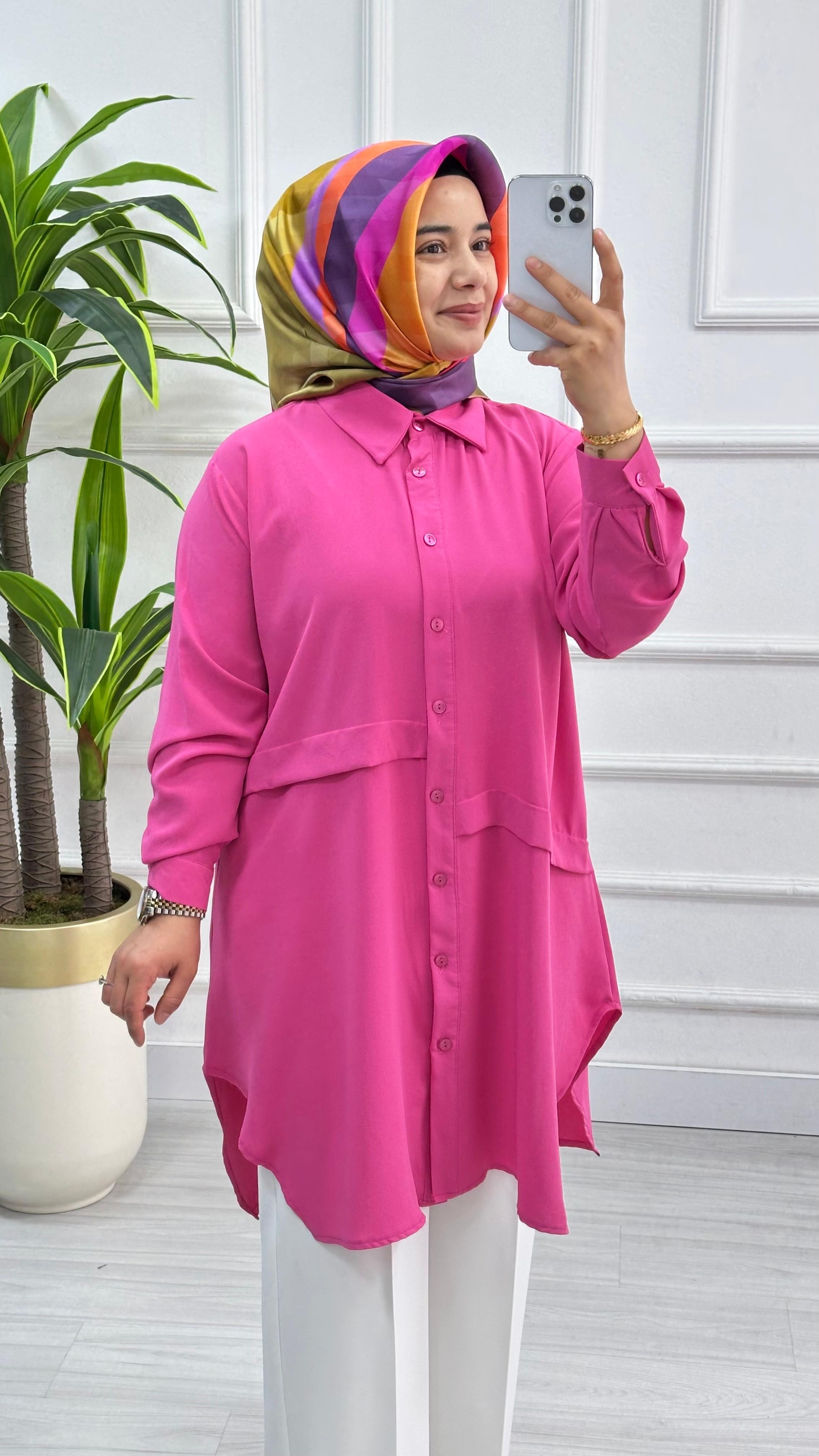 Önleri Geniş Pileli Linda Rahat Kalıp Tunik 1173 - Pembe