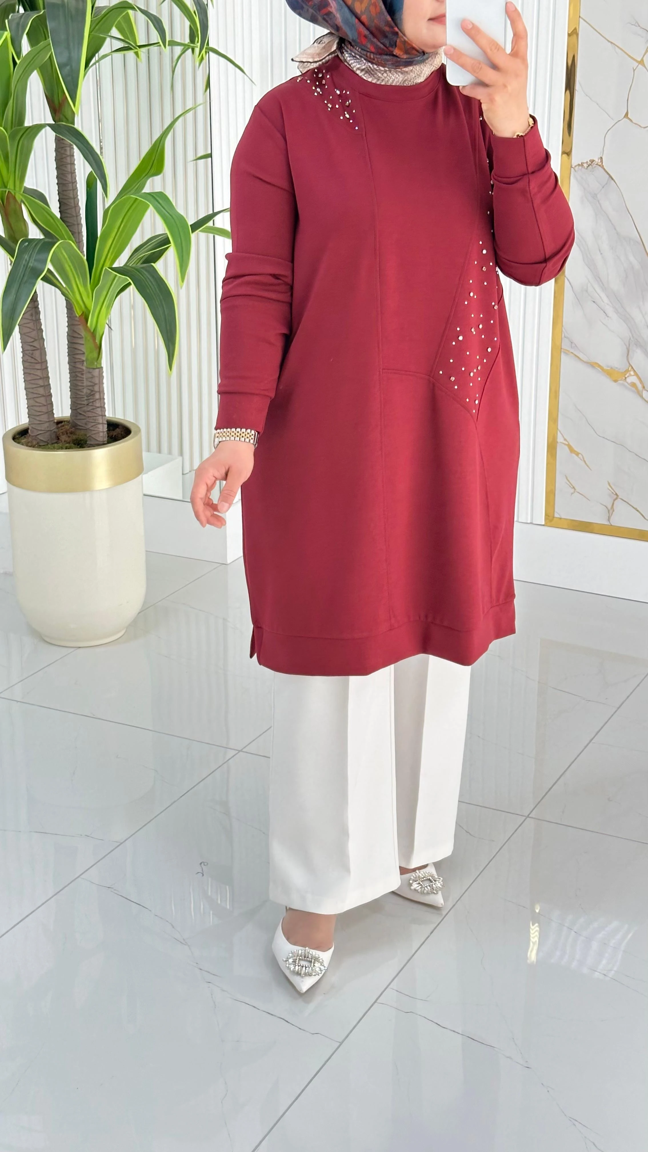 Kado Taş Baskılı Asimetrik Tunik 7020 - Bordo