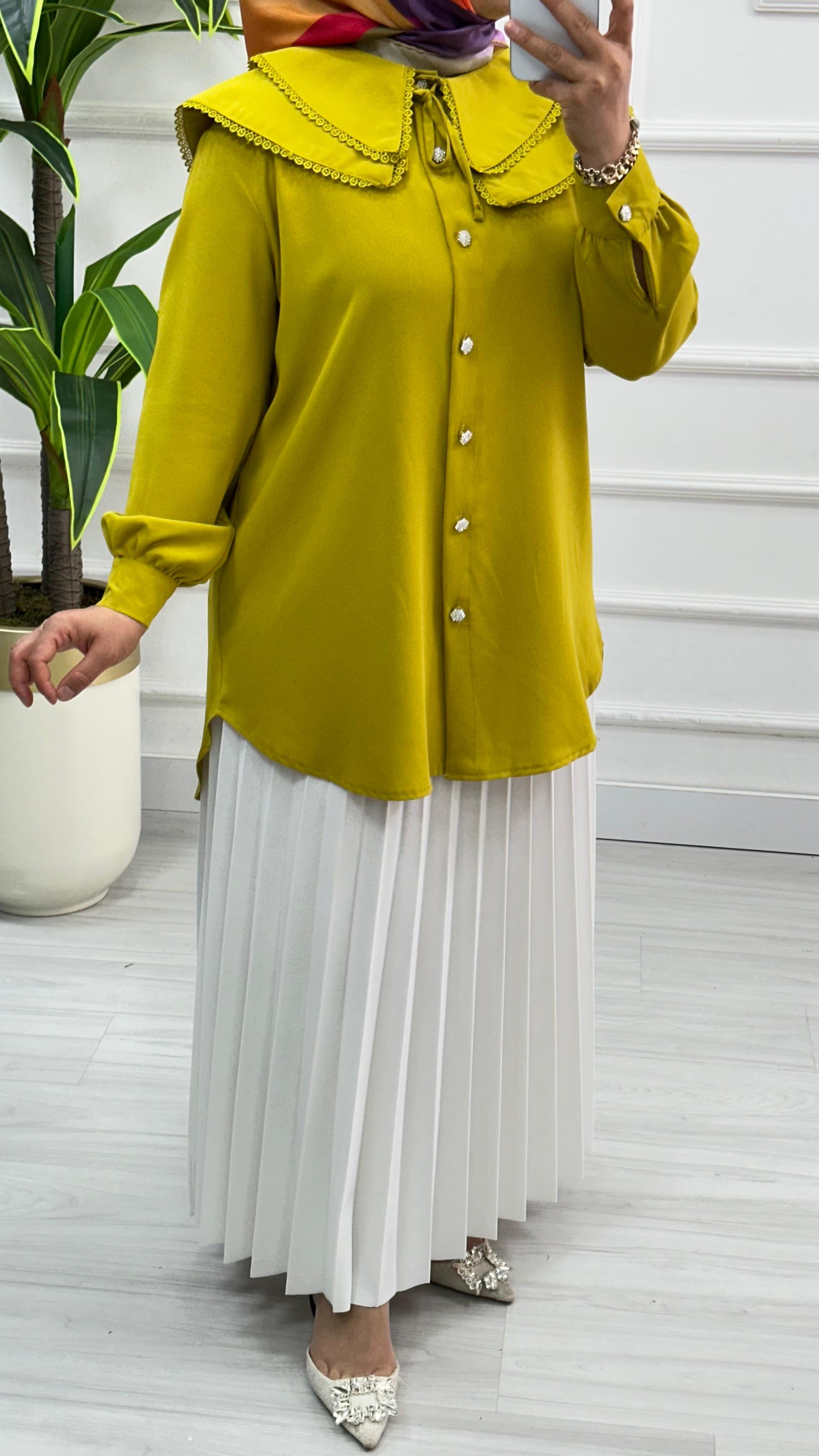 Dantelli Çift Yakalı Linda Tunik 1734 - Yağ Yeşili