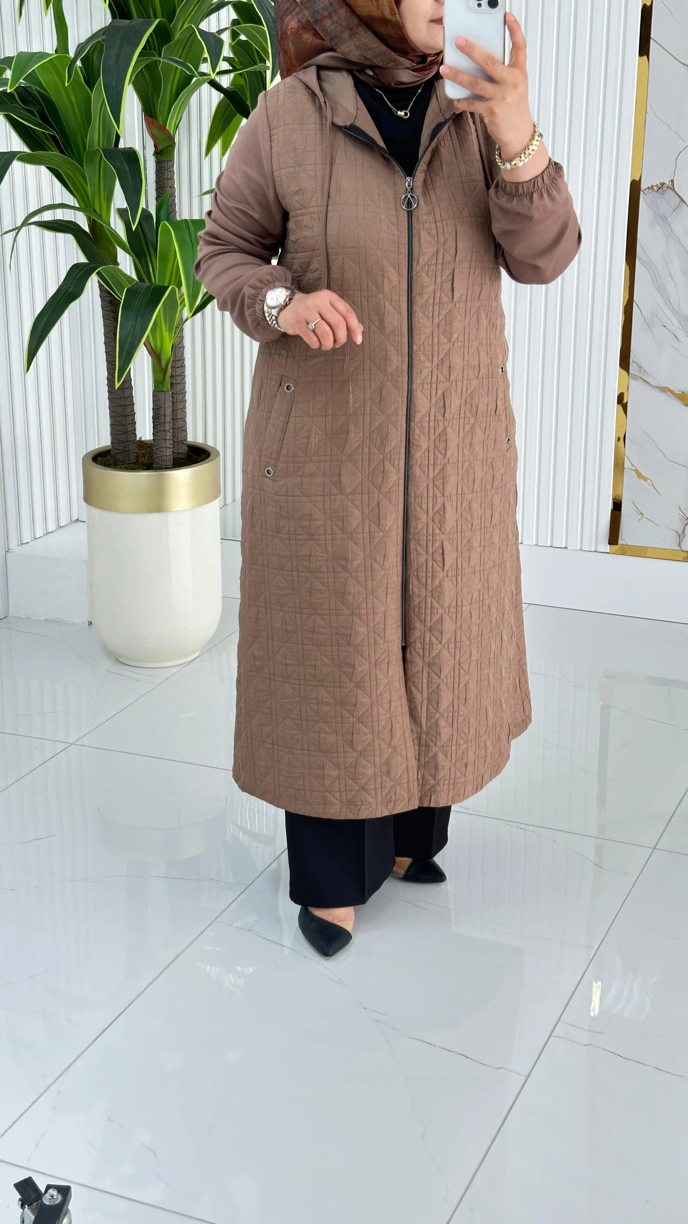 Çınar Özkan Önü Fermuarlı Cepli Kadın Kapitone Kap 2265 - Vizon