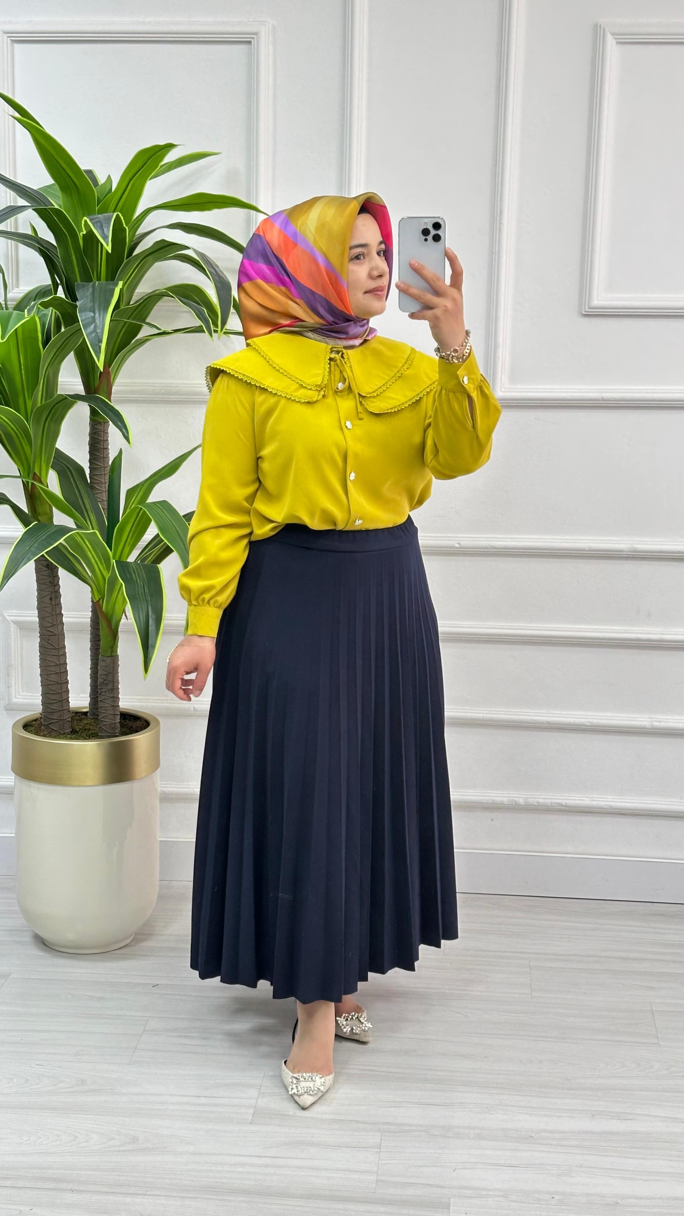 Dantelli Çift Yakalı Linda Tunik 1734 - Yağ Yeşili