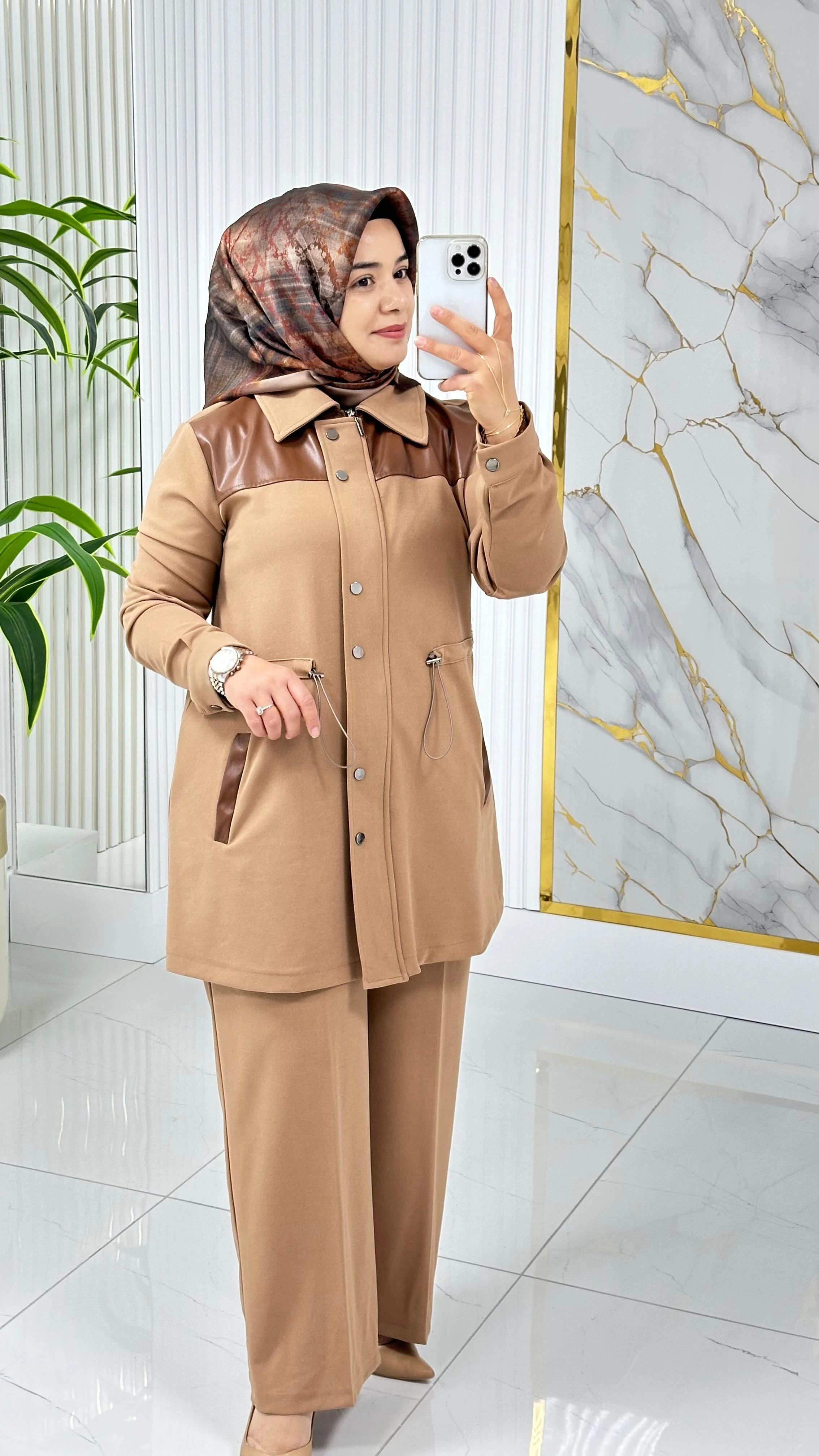 ÇINAR ÖZKAN DERİ DETAYLI İKİLİ TAKIM 2235 - Vizon