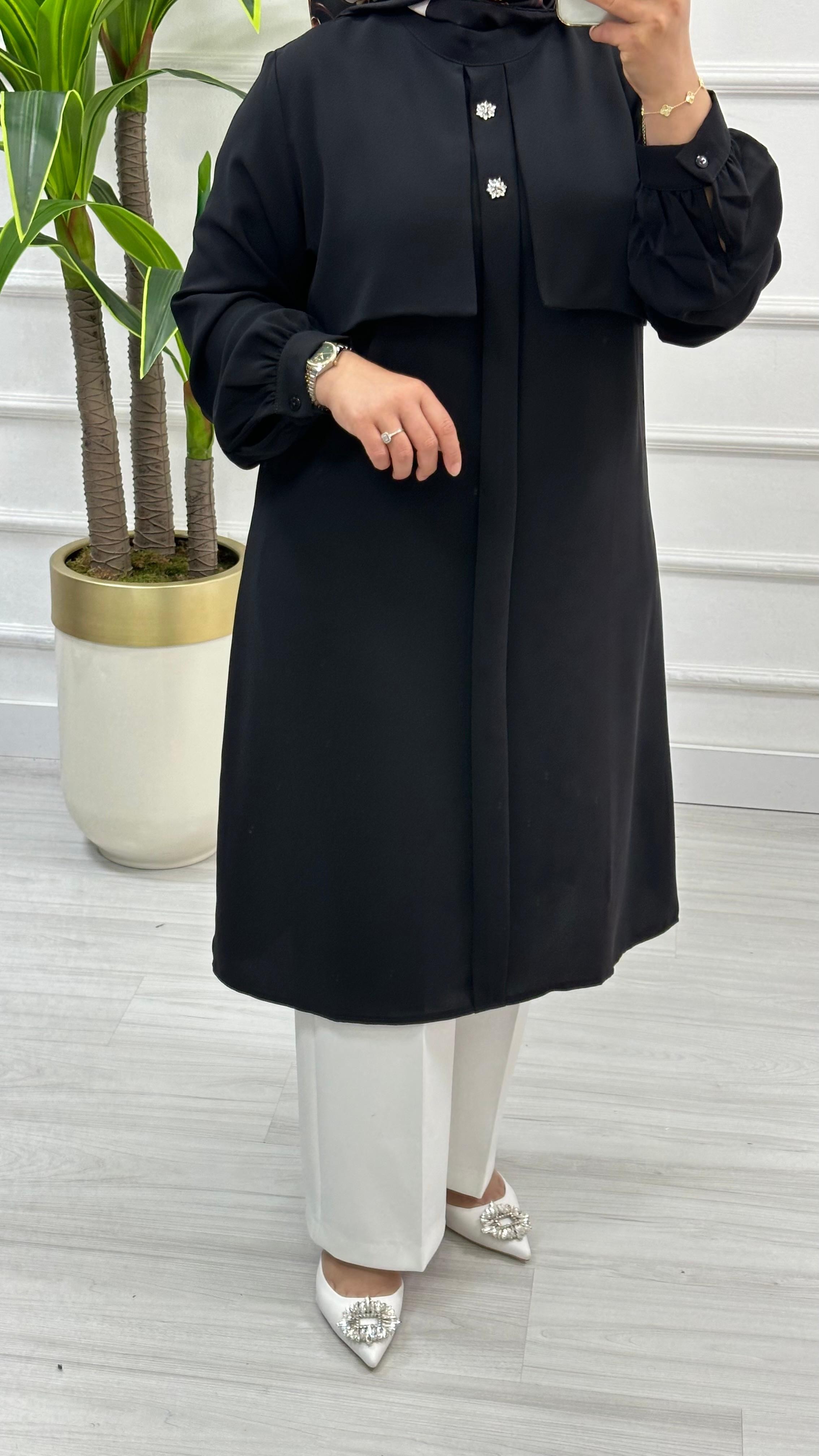 Alesya Taşlı Cepkenli Polo Krep Tunik 4887 - Siyah
