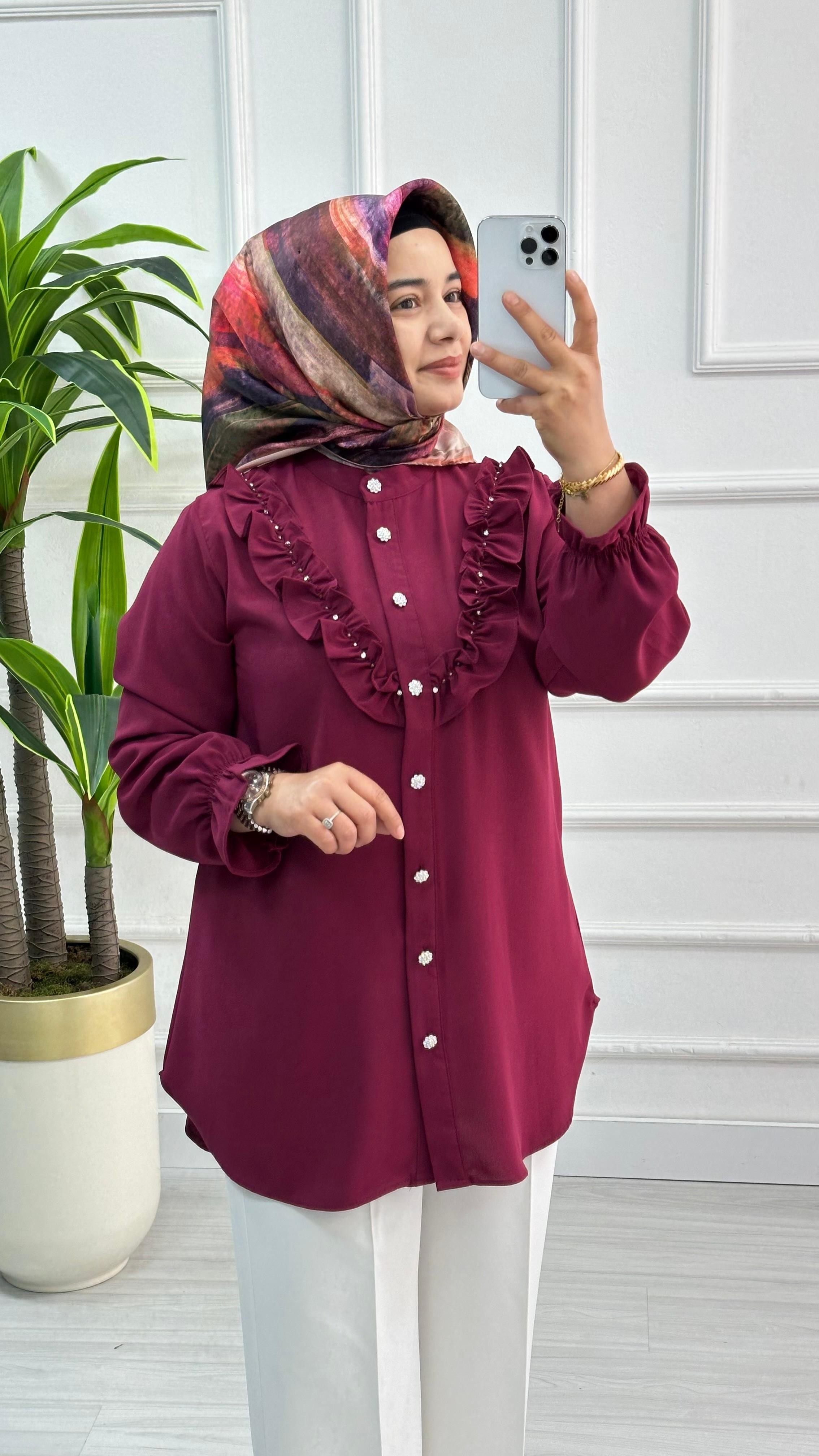 Önü Taşlı ve Fırfırlı Linda Tunik 1903 - Bordo
