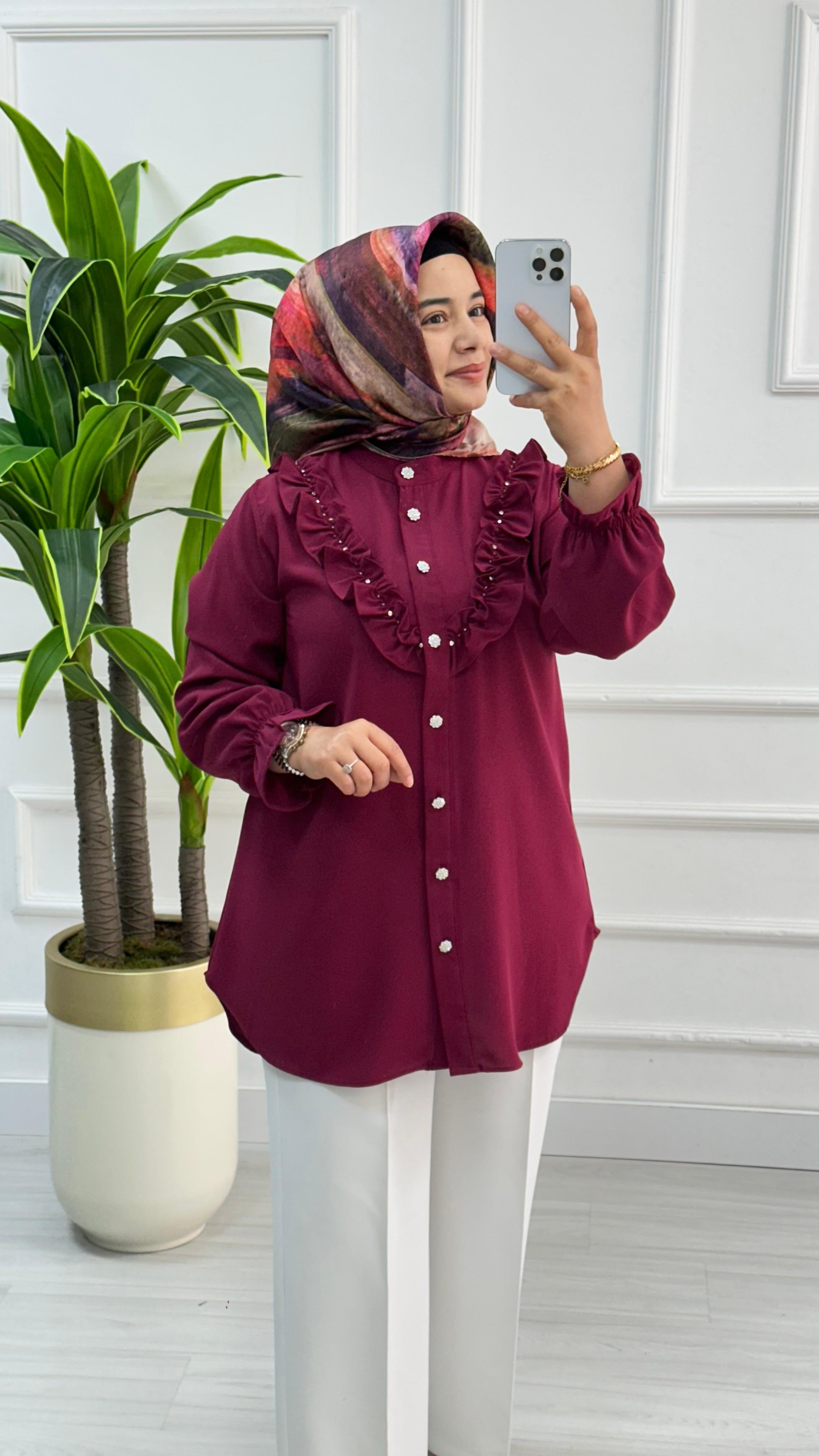 Önü Taşlı ve Fırfırlı Linda Tunik 1903 - Bordo