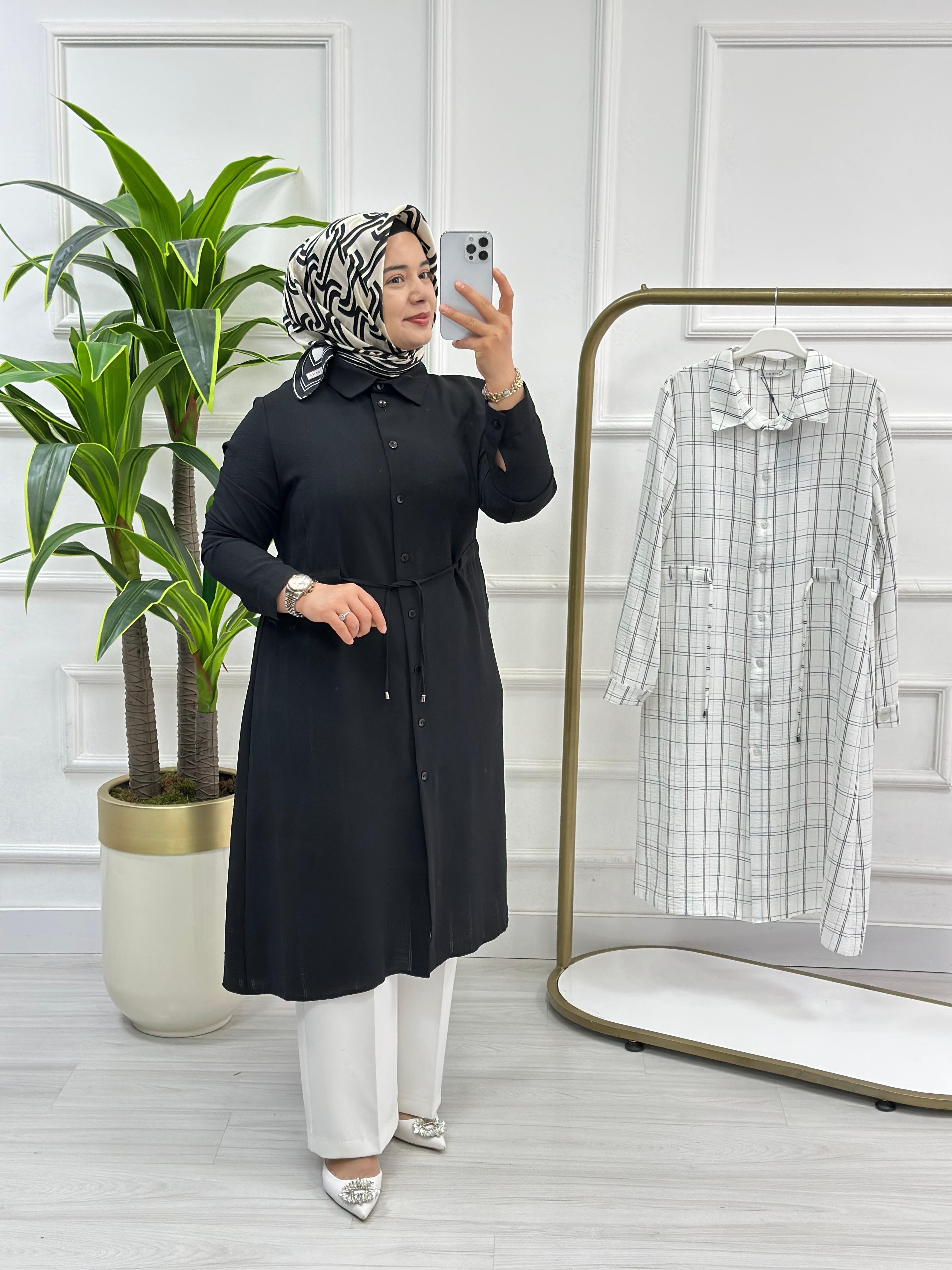Ekose Desen Beli Büzgülü Kadın Tesettür Tunik 2937 - Siyah
