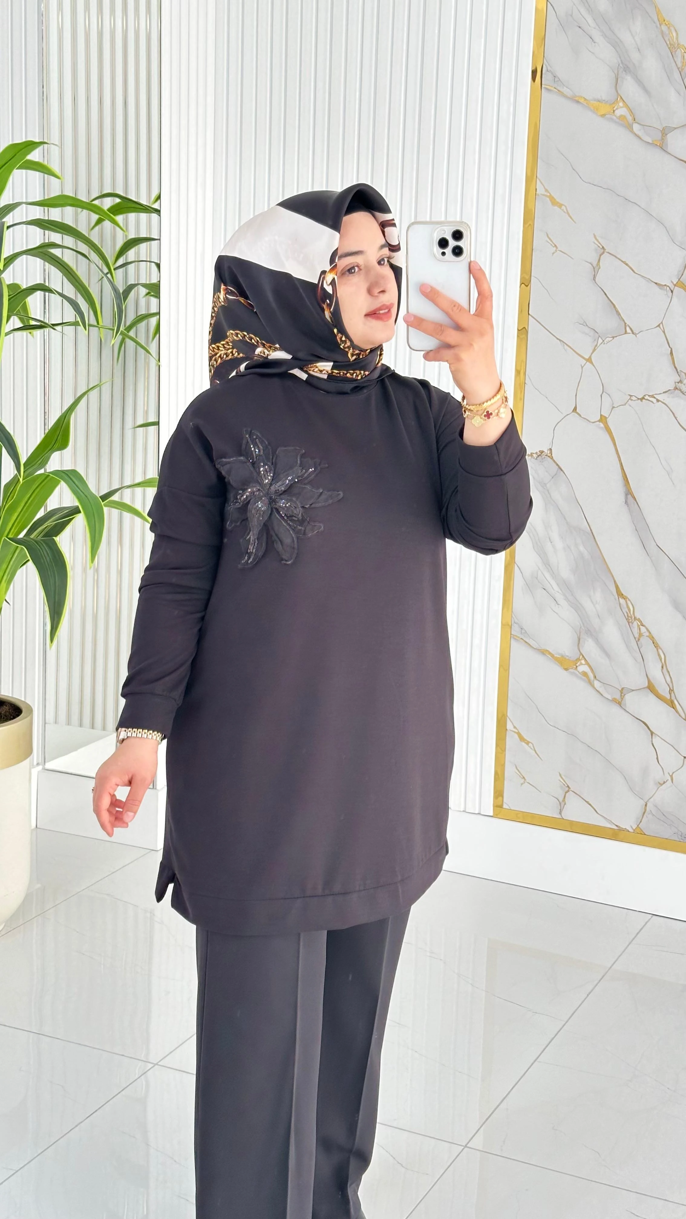 Kado Çiçek Desenli Tunik 7346 - Siyah