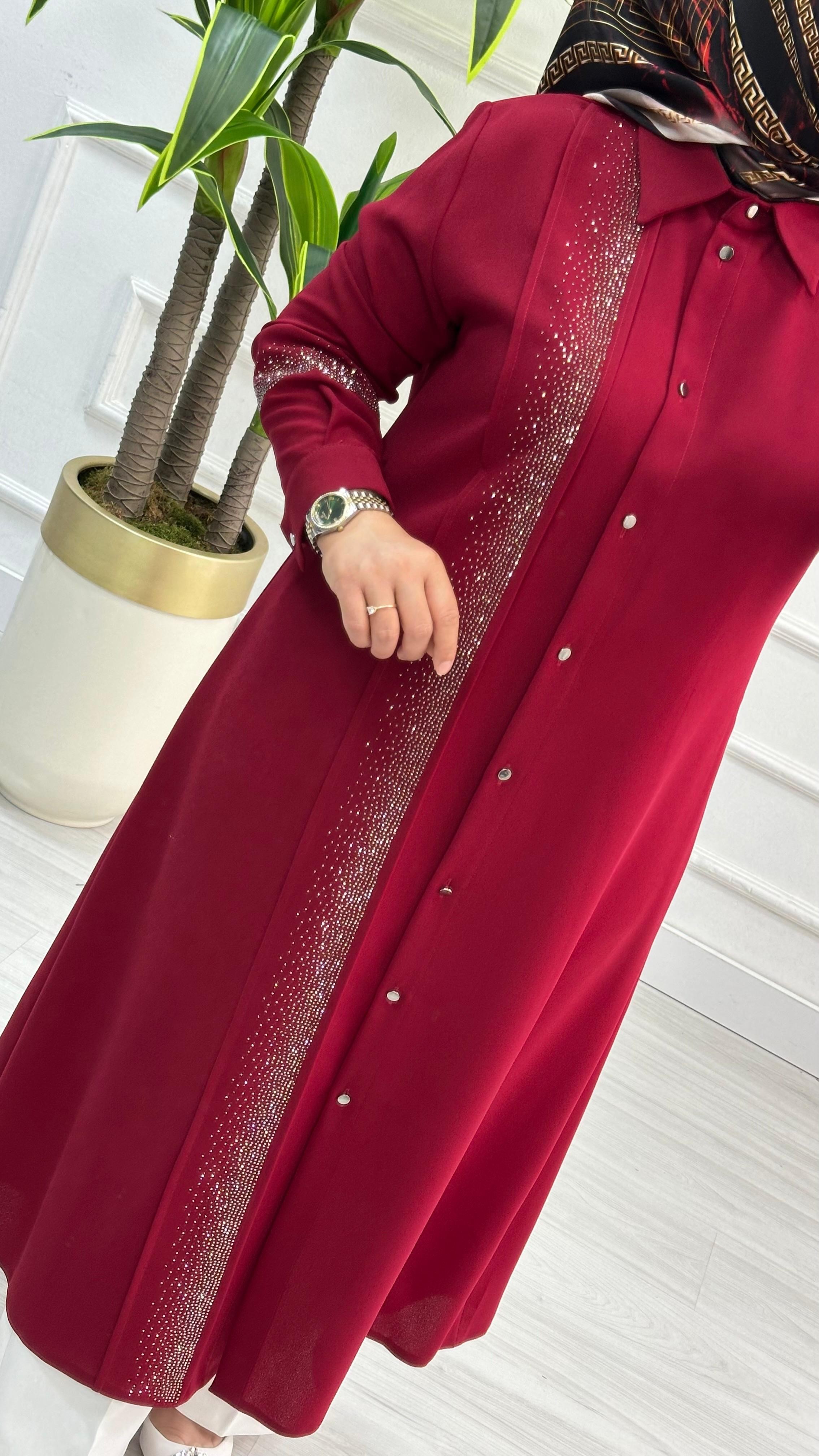 Çınar Özkan Krep Çımalı Taş Detaylı Tunik 2805 - Kırmızı