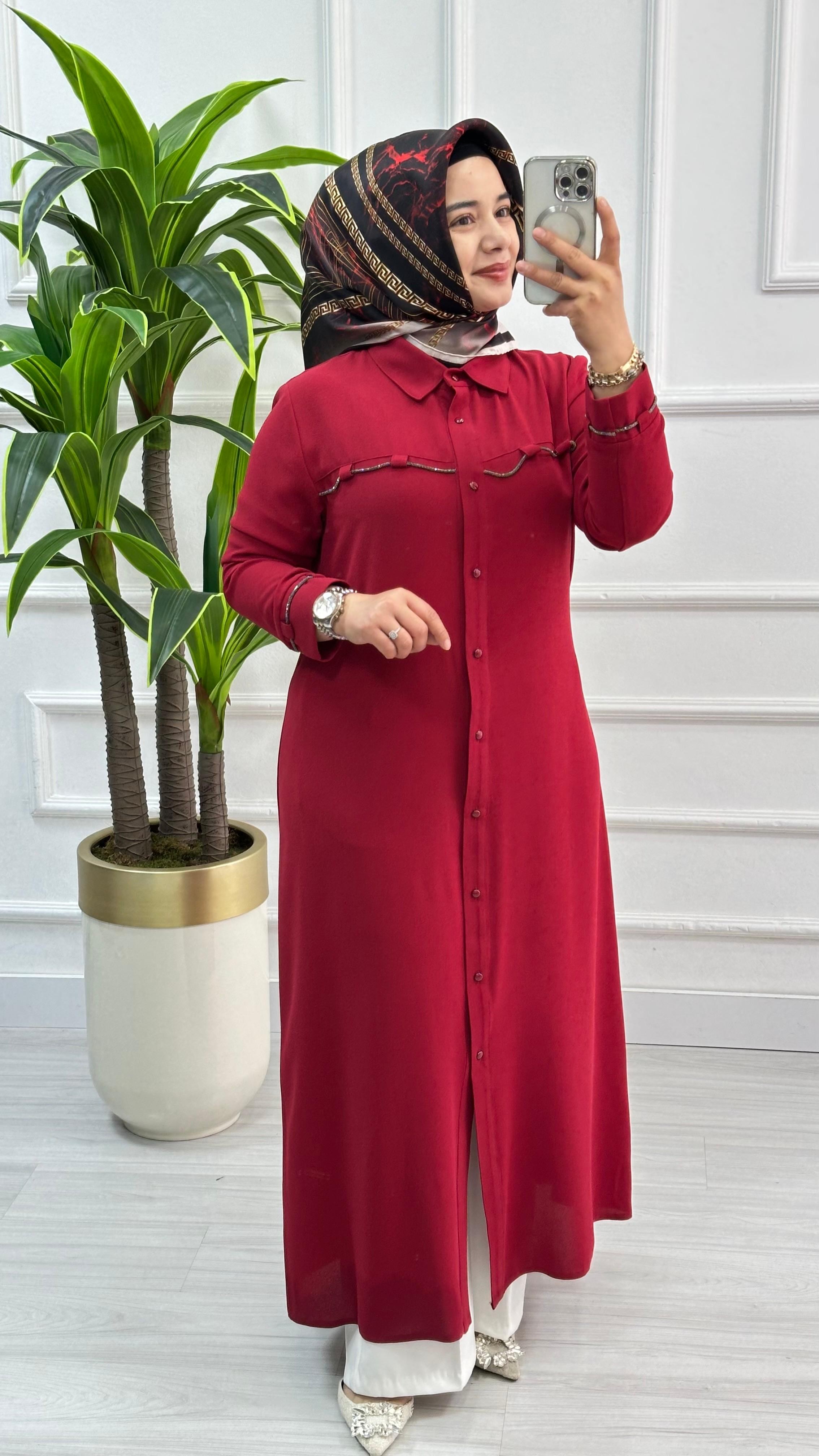 Kolları Ve Önü Taş Detaylı Tunik 4712 - Kırmızı