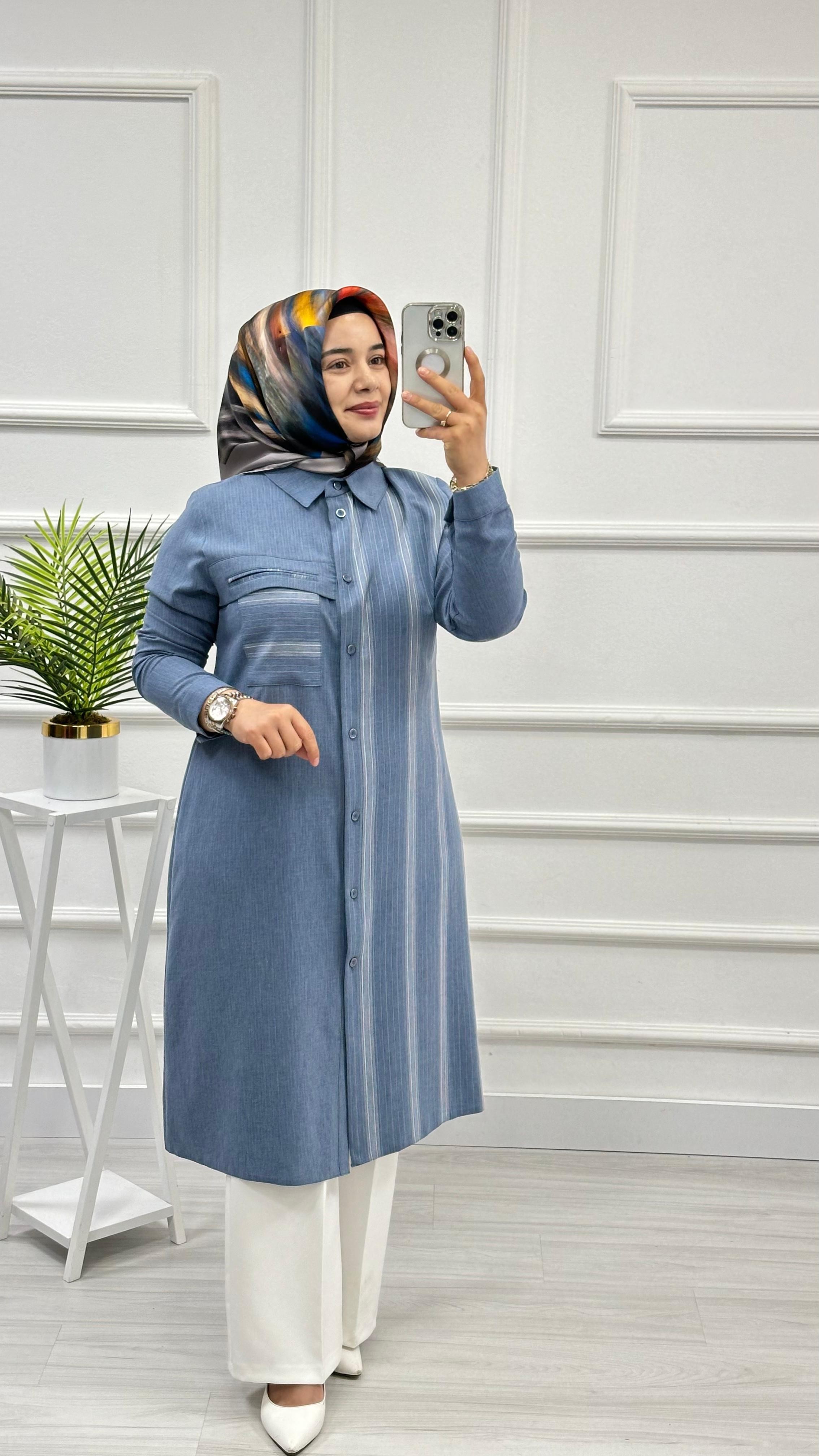 Wonna Çizgi Desenli Cepli Tunik 2810 - Mavi