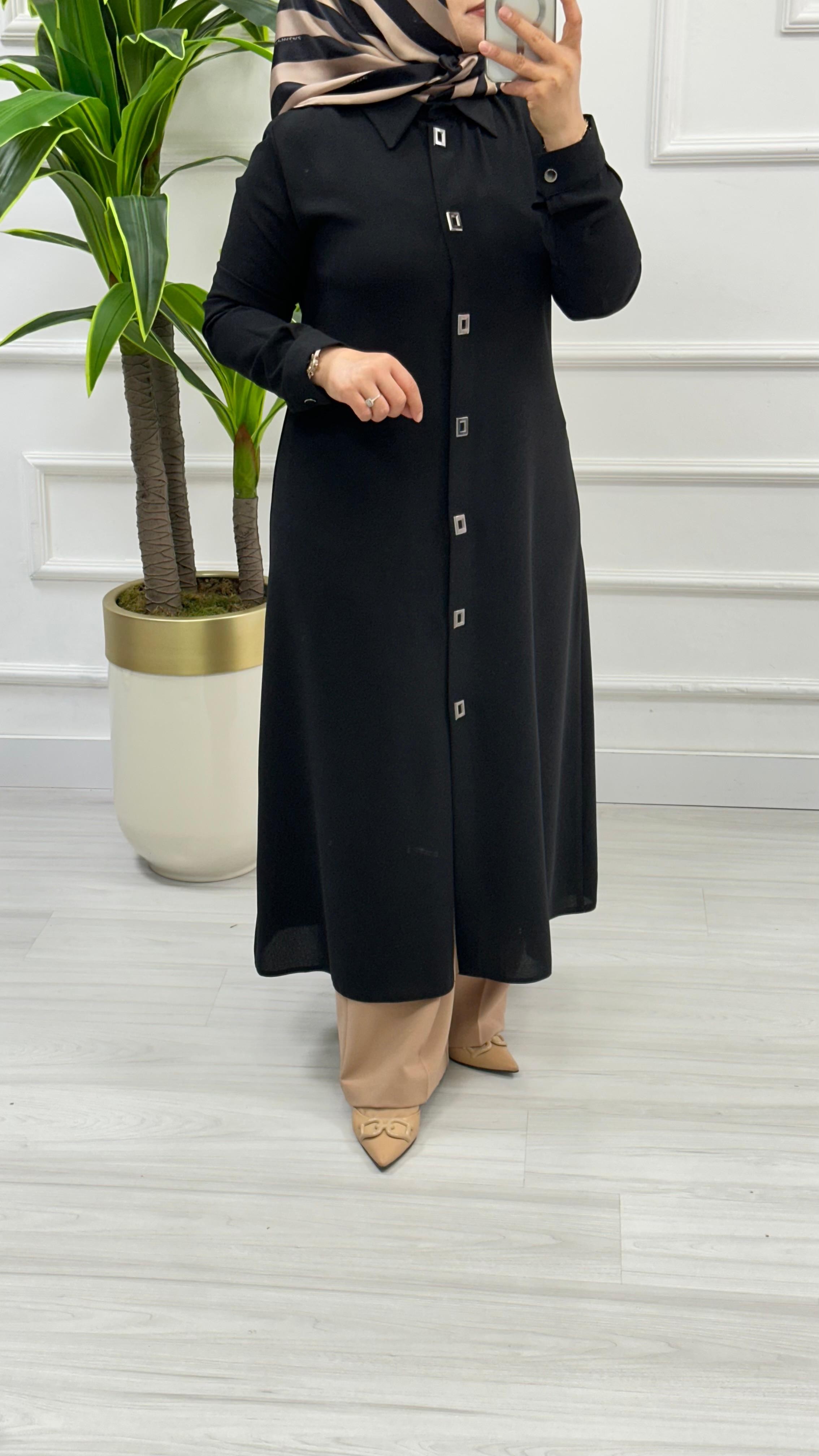 Çınar Özkan Çıt Çıtlı Uzun Tesettür Tunik Giyçık 2132 - Siyah