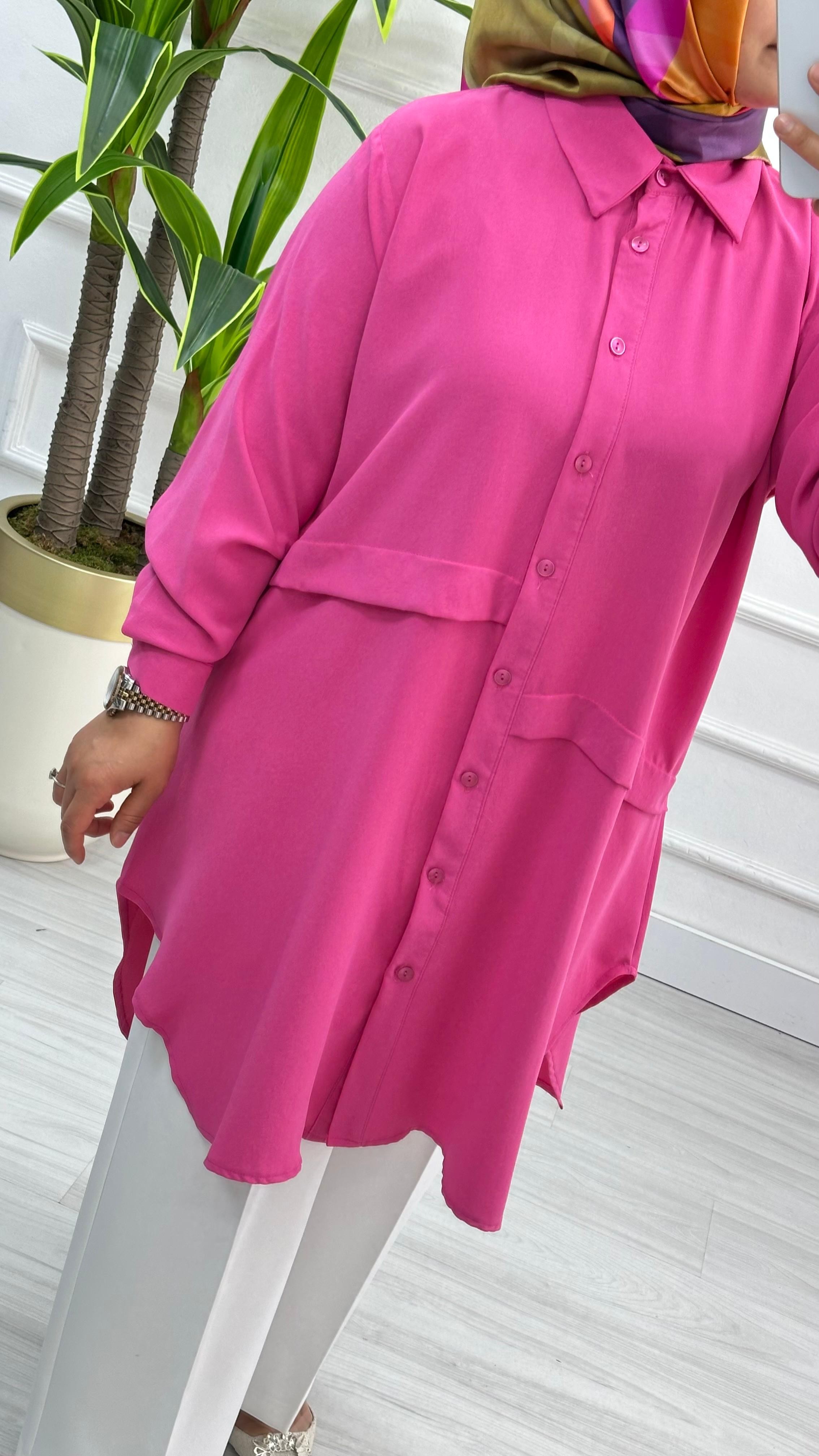 Önleri Geniş Pileli Linda Rahat Kalıp Tunik 1173 - Pembe