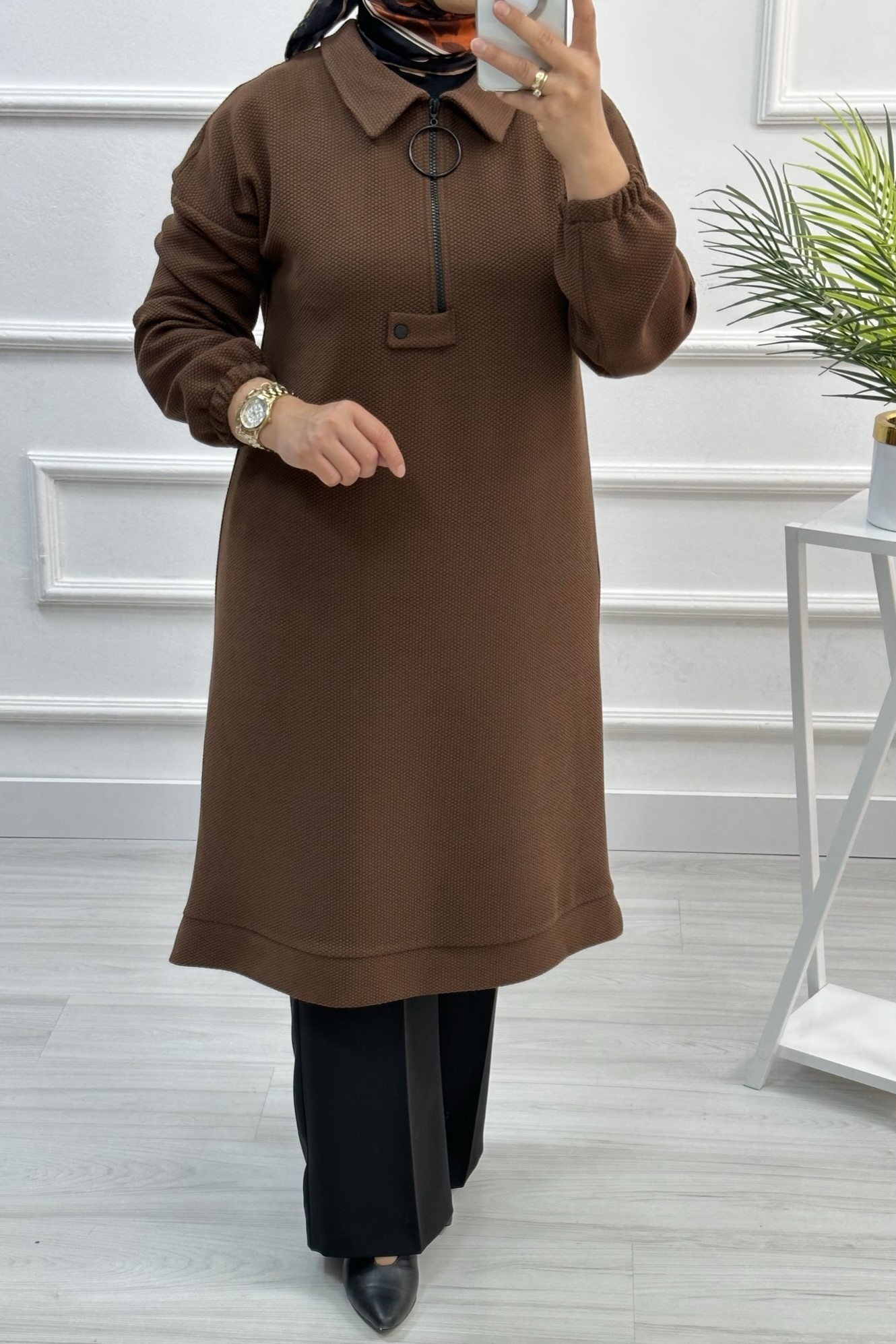 Alesya Halka Fermuarlı Tunik Taba 8846