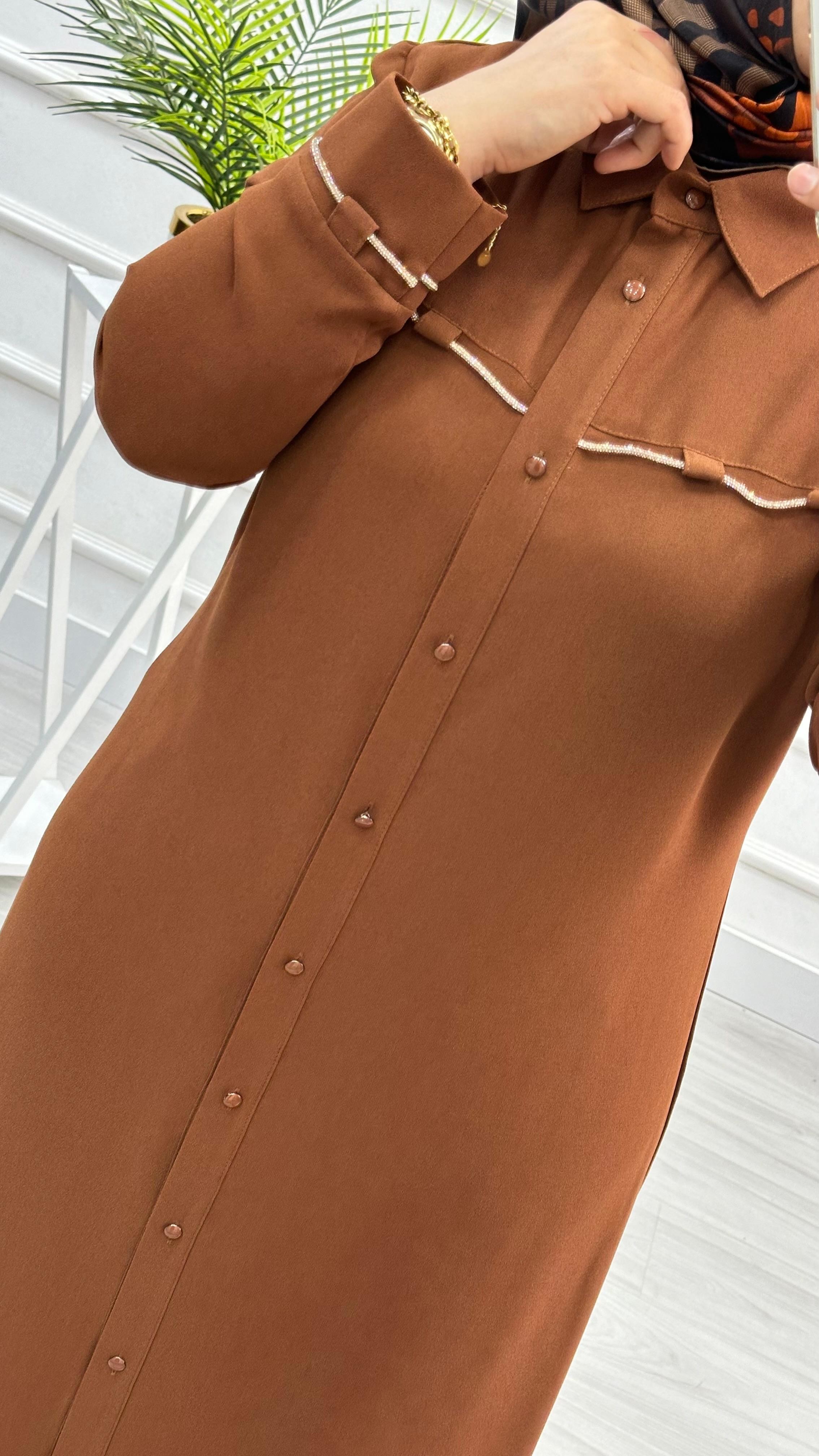 Kolları Ve Önü Taş Detaylı Tunik 4712 - Taba