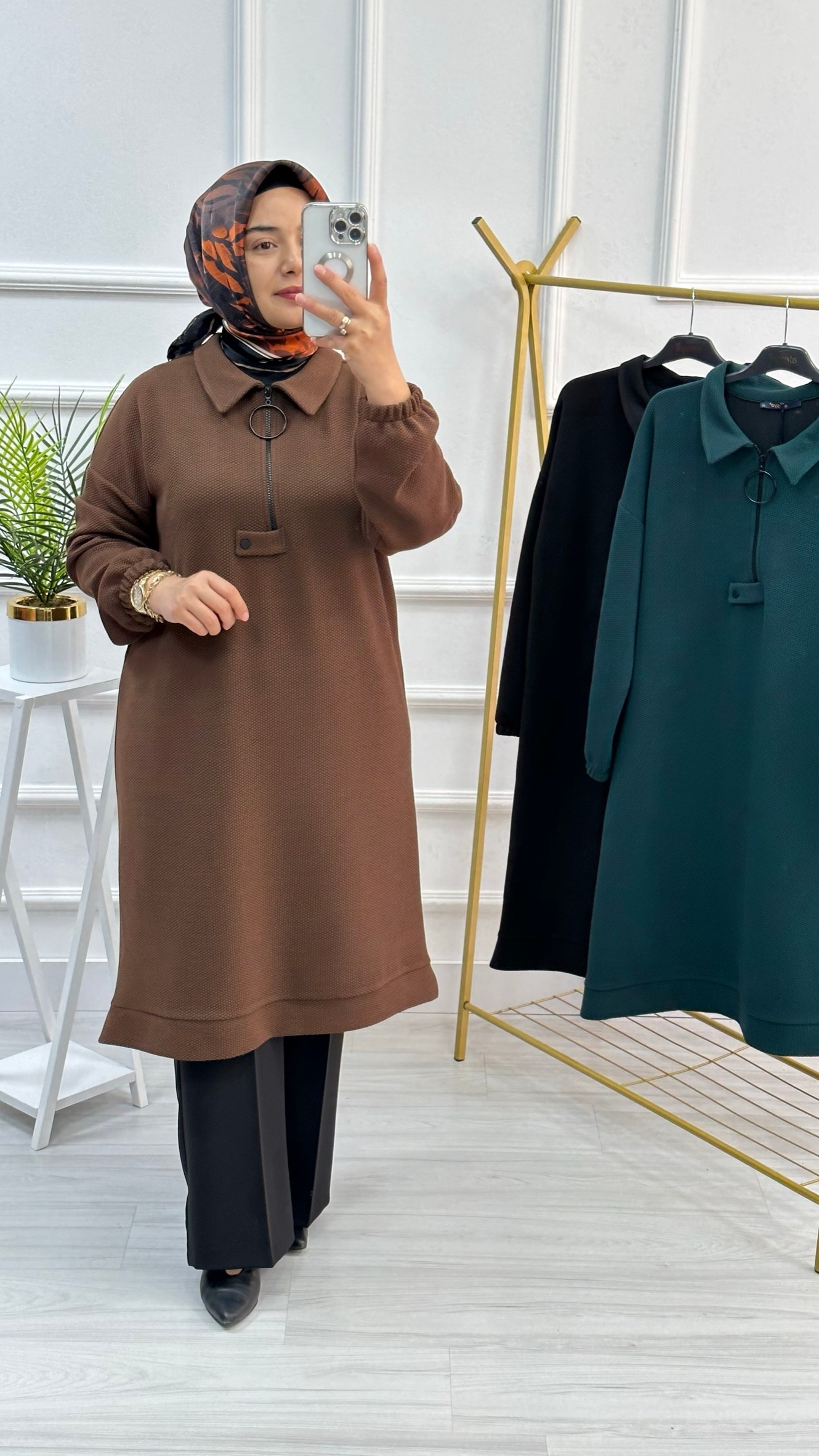 Alesya Halka Fermuarlı Tunik Taba 8846