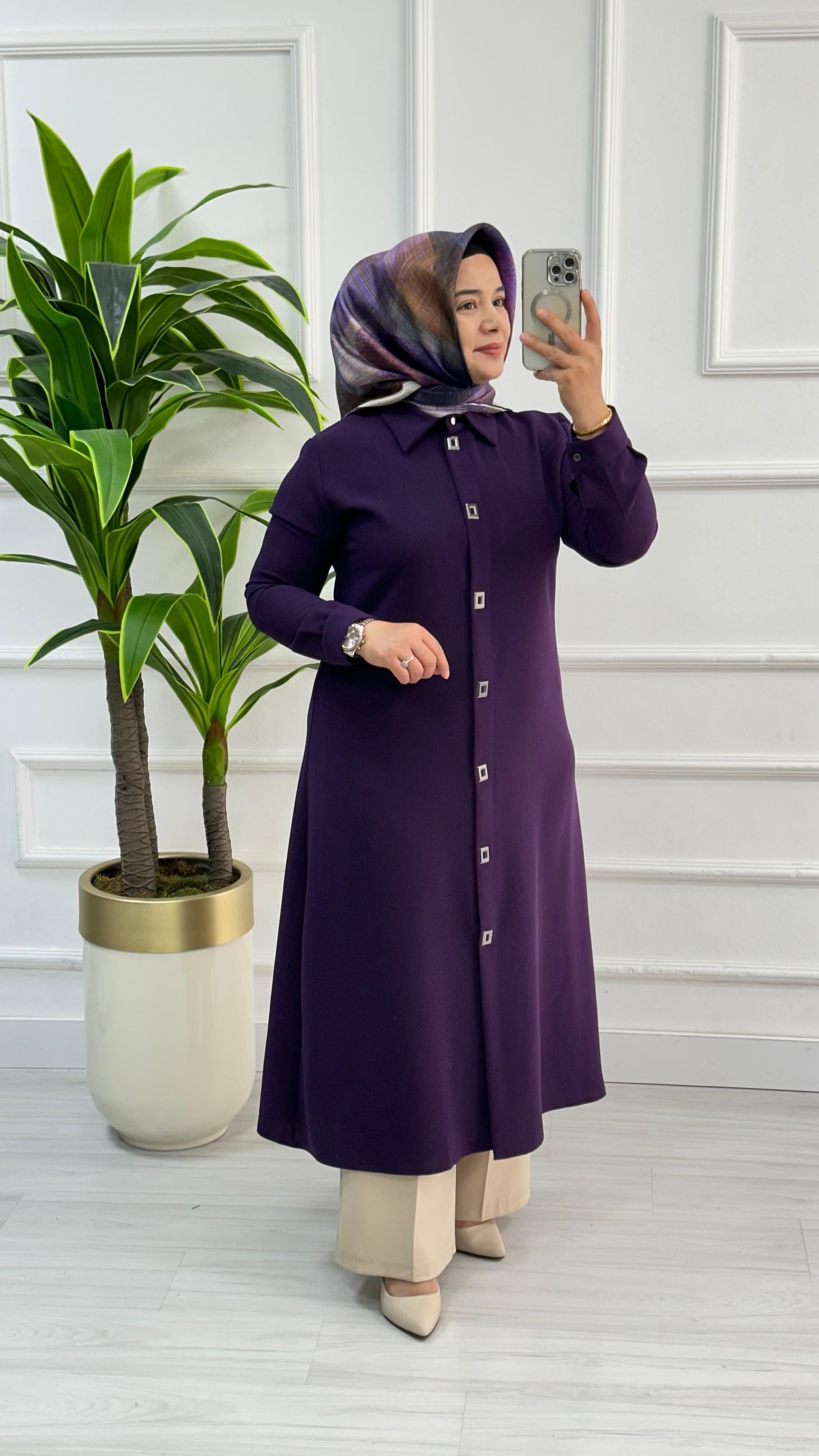 Çınar Özkan Çıt Çıtlı Uzun Tesettür Tunik Giyçık 2132 - Mor