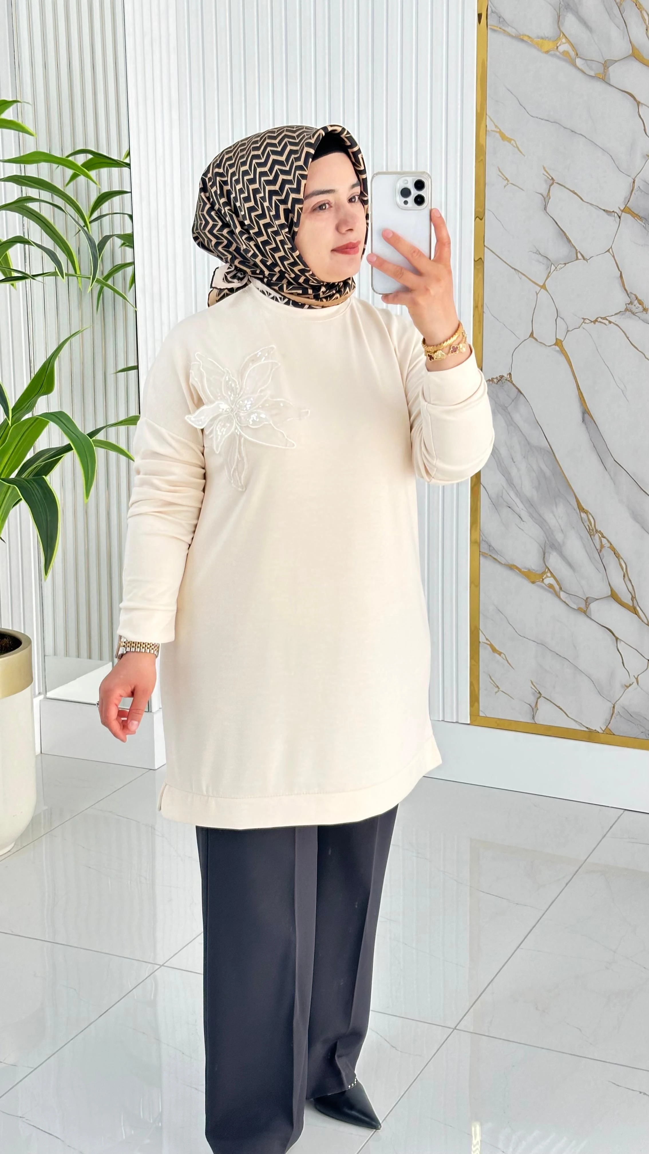 Kado Çiçek Desenli Tunik 7346 - Ekru