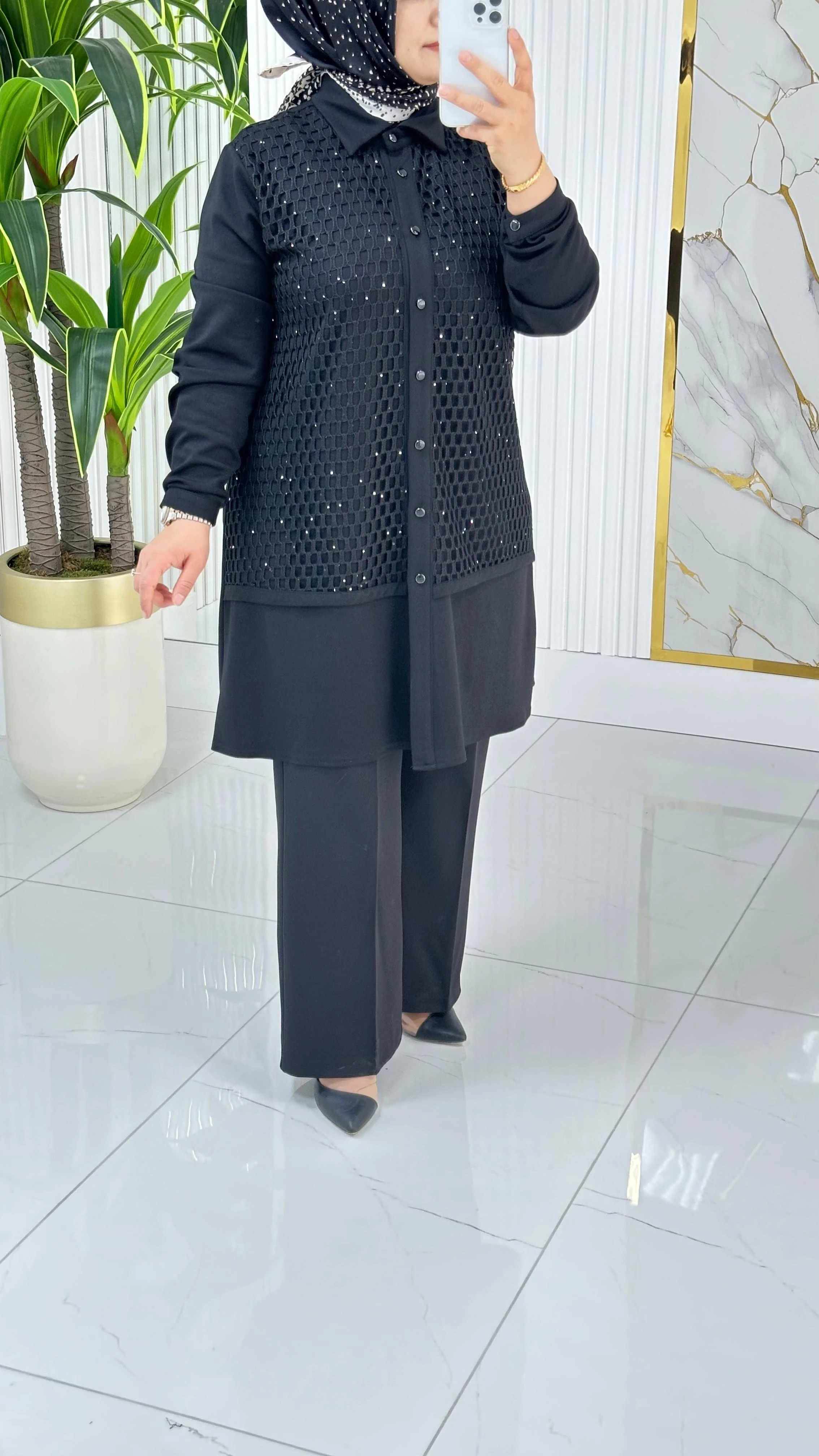 Haya File Detaylı Önden Düğmeli Tesettür Tunik 1627 - Siyah