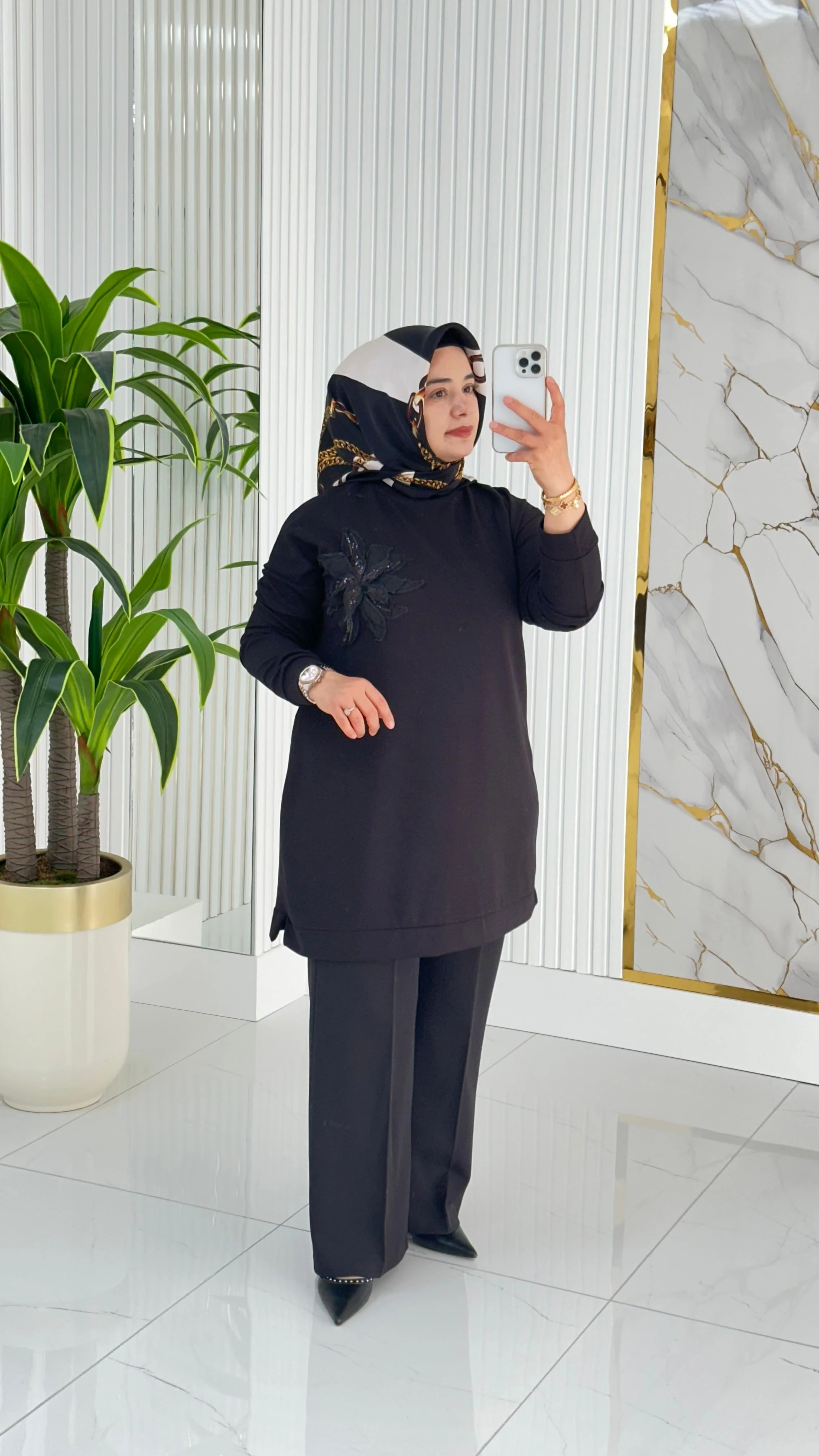 Kado Çiçek Desenli Tunik 7346 - Siyah