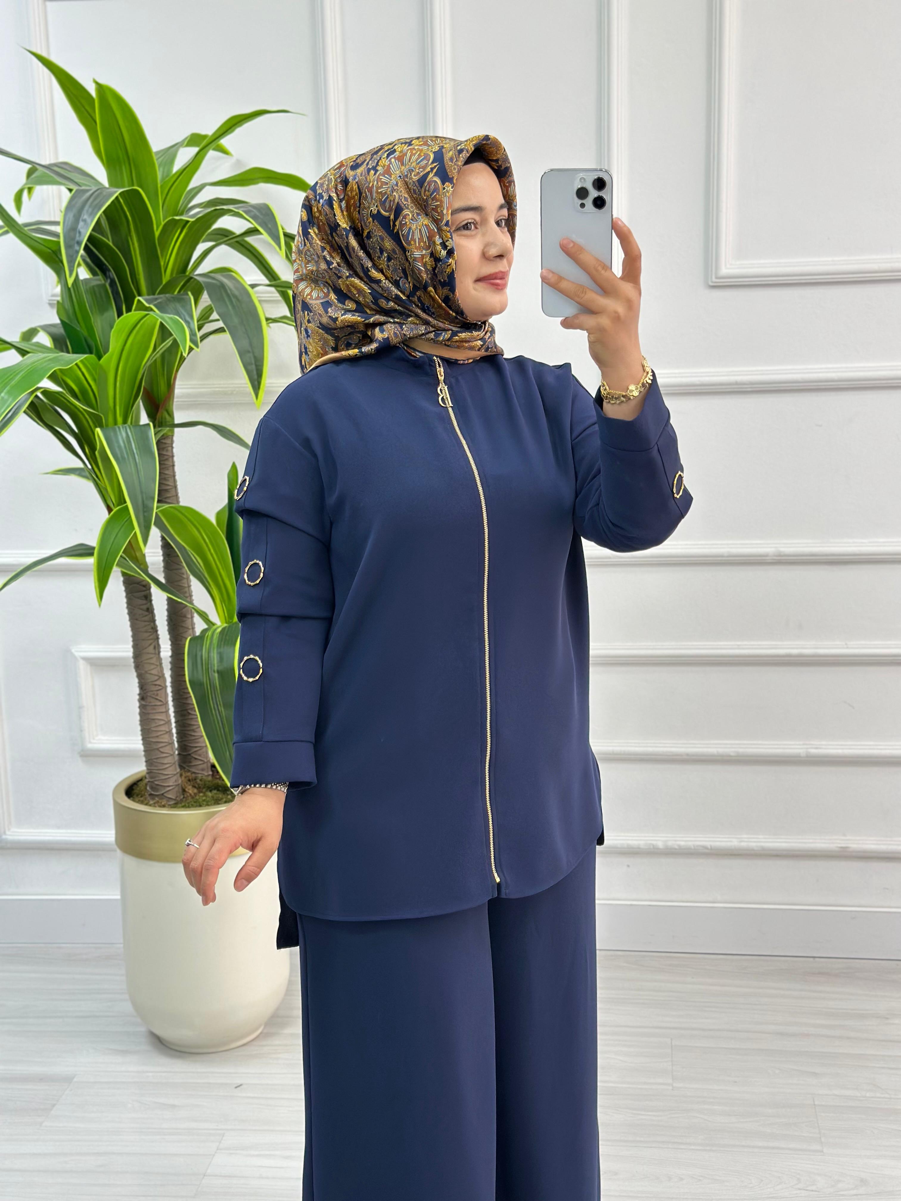 Belli (Armine) Ceket ve Pantolonlu Krep Takım 6001 - Lacivert