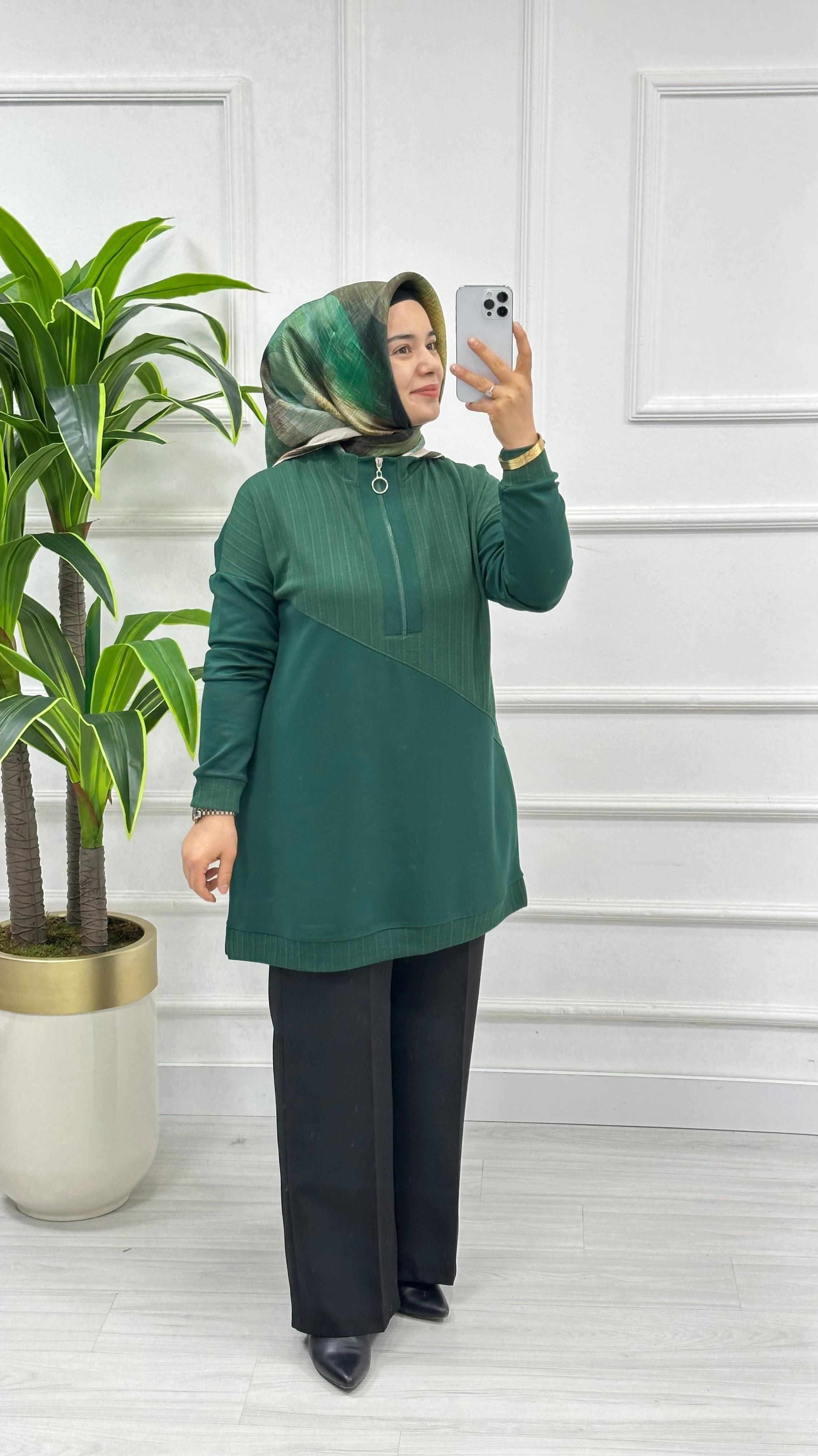 Fermuarlı Çizgi Desenli Swet 9257 - Zümrüt Yeşili