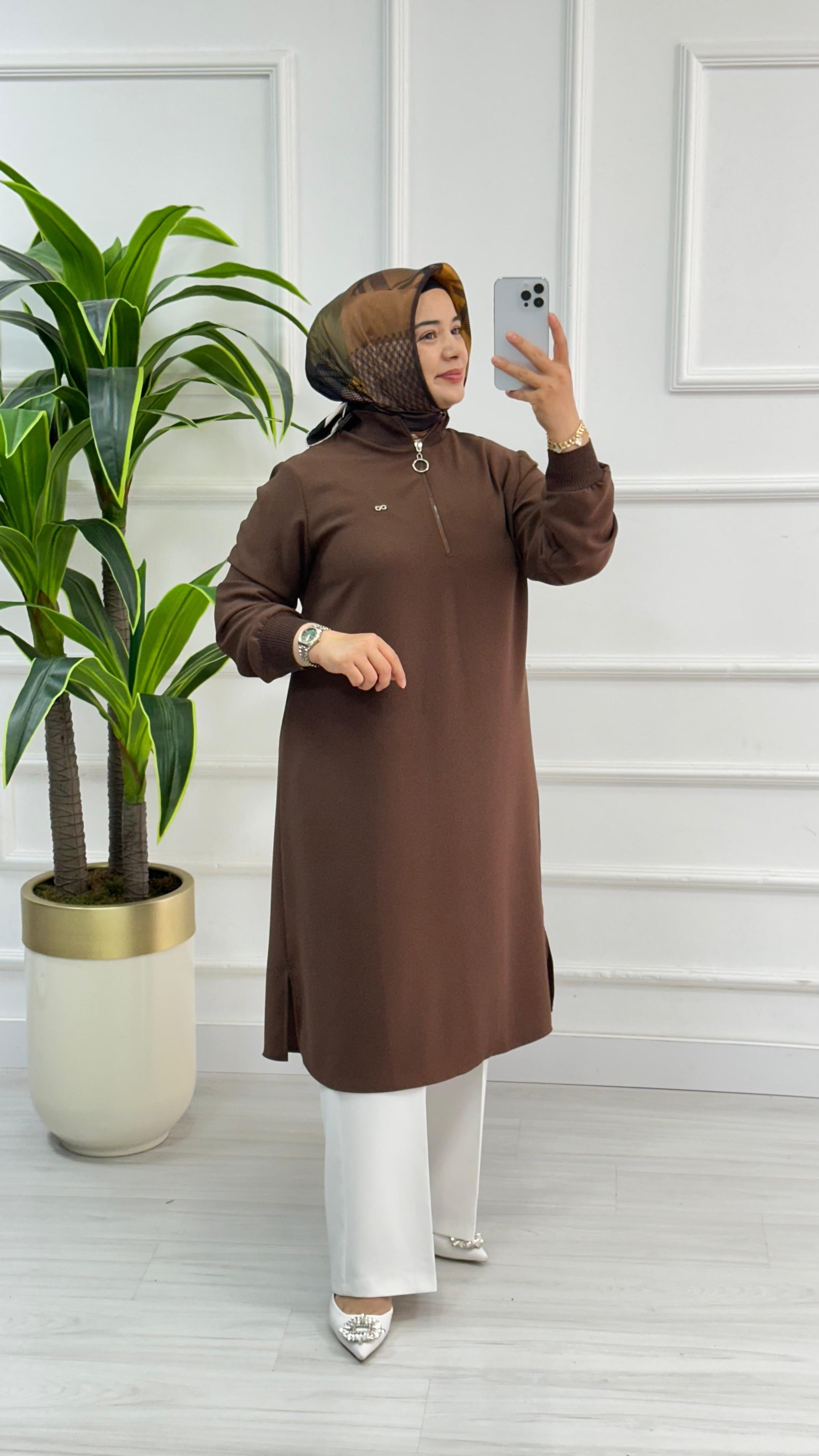 Kado Fermuarlı Uzun Boy Tesettür Tunik 1591 - Kahverengi