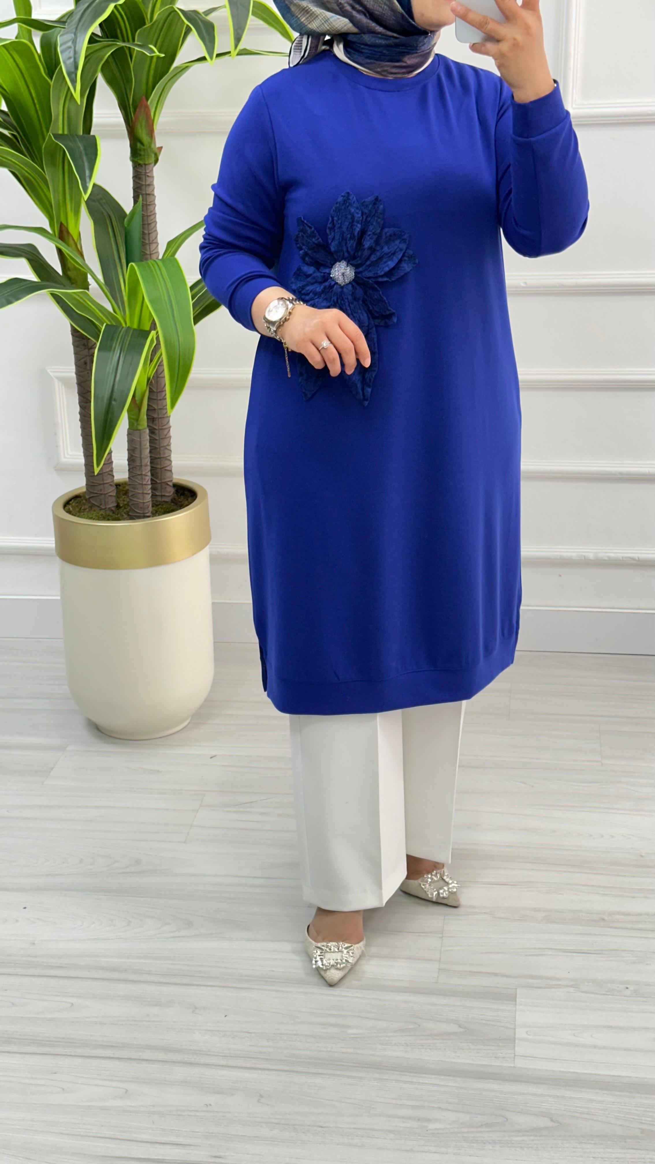 Kado Uzun Boy Çiçek Desenli Tunik 1354 - Saks Mavisi