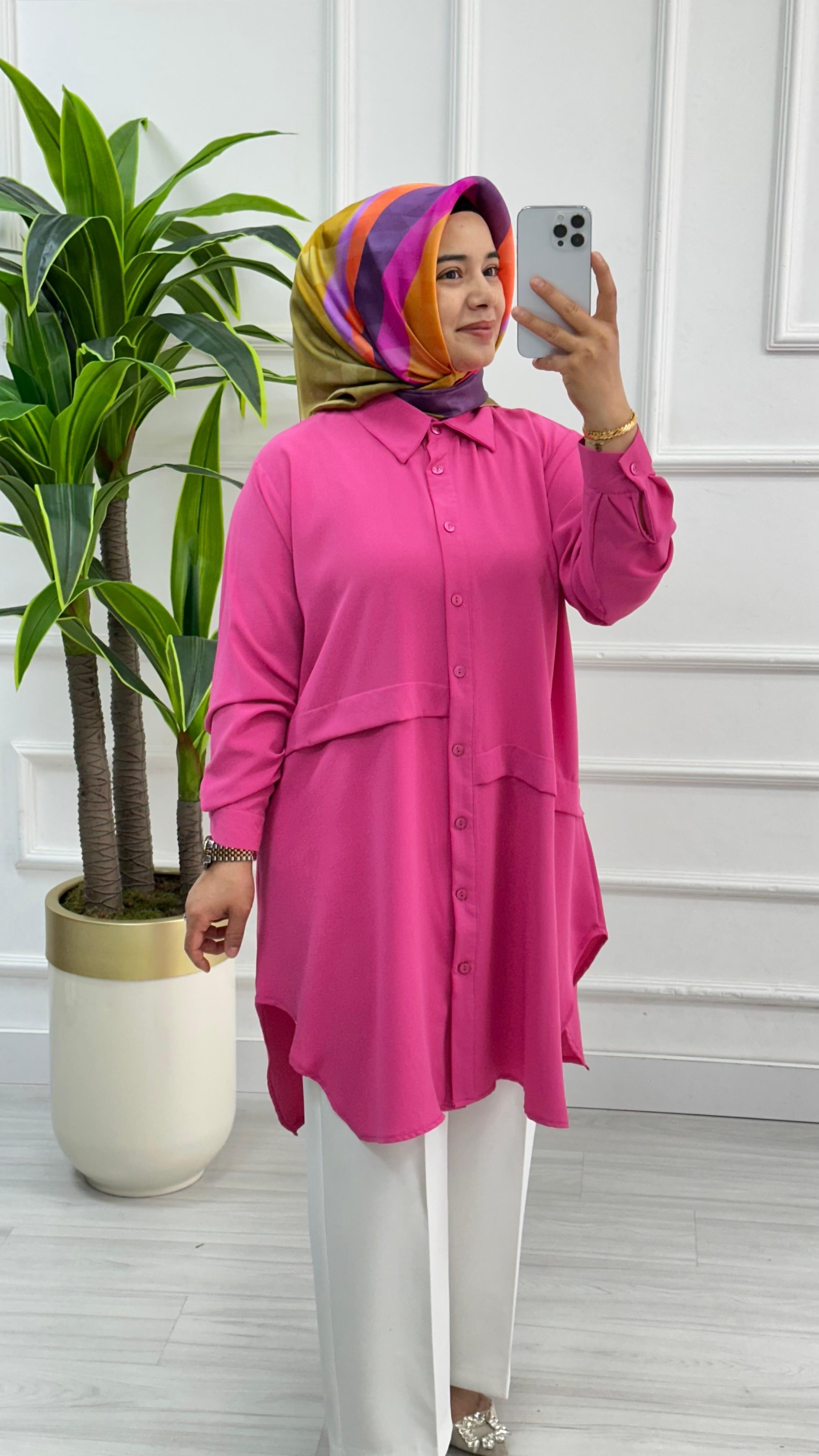 Önleri Geniş Pileli Linda Rahat Kalıp Tunik 1173 - Pembe
