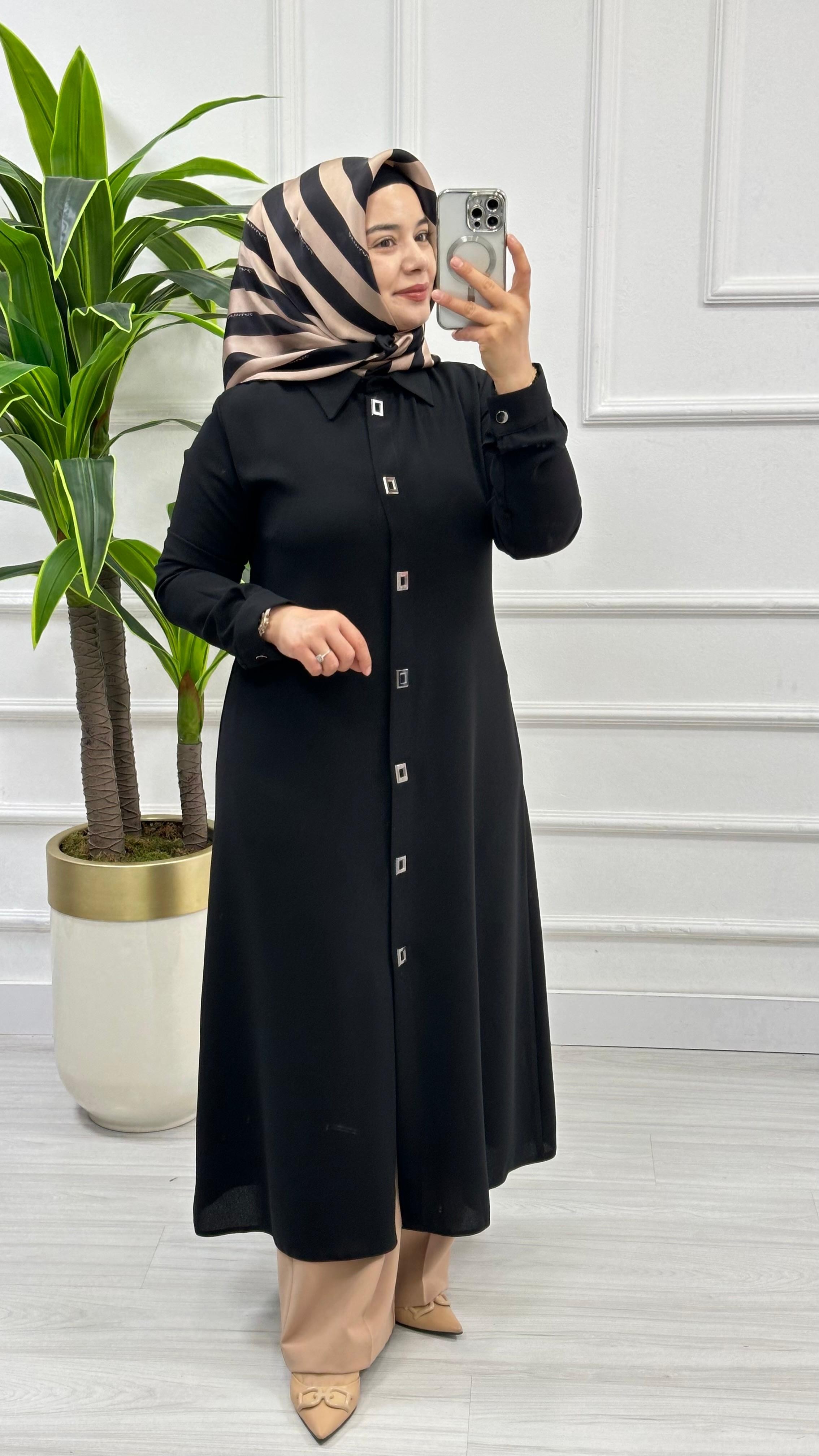 Çınar Özkan Çıt Çıtlı Uzun Tesettür Tunik Giyçık 2132 - Siyah