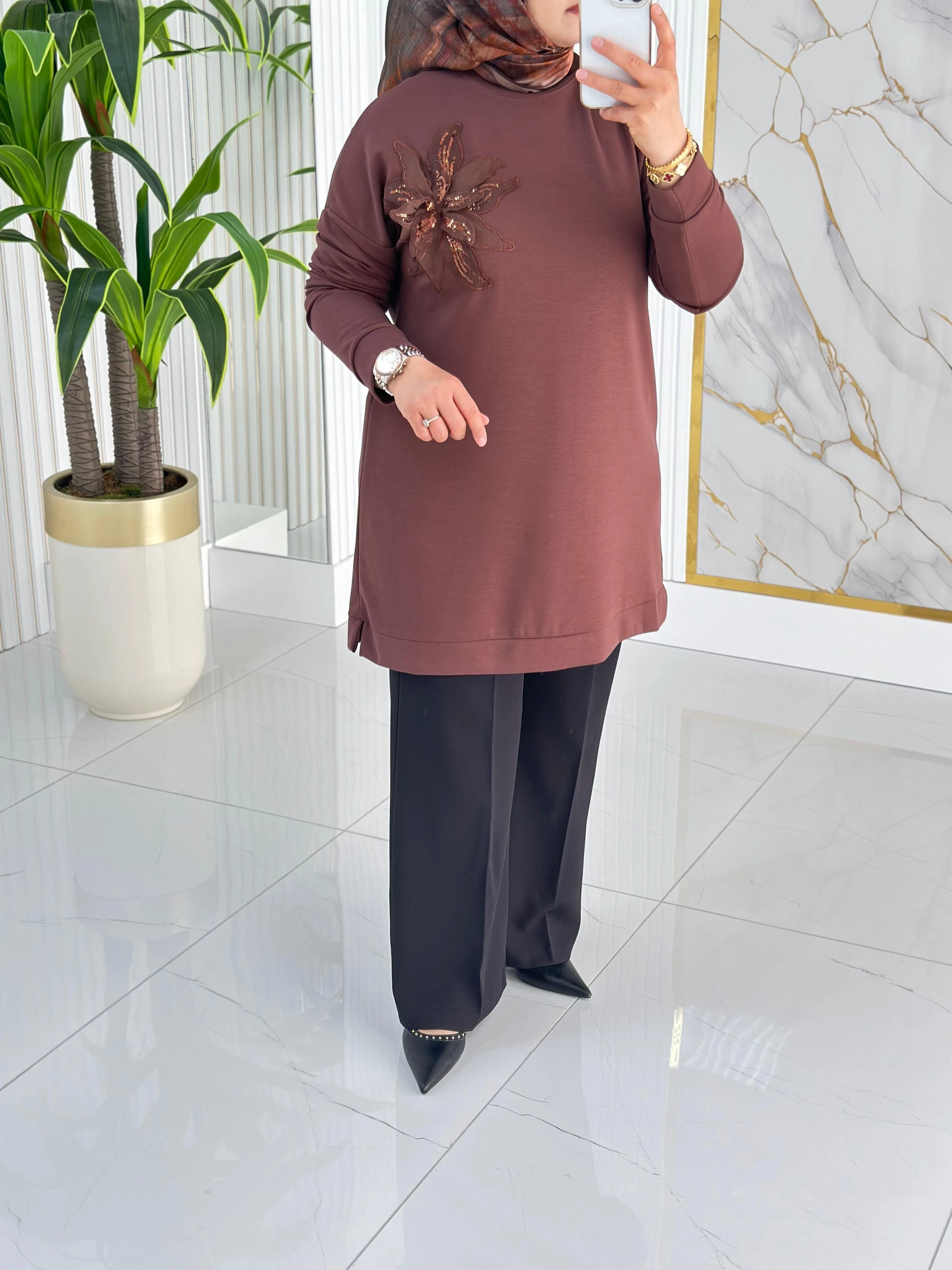 Kado Çiçek Desenli Tunik 7346 - Kahverengi