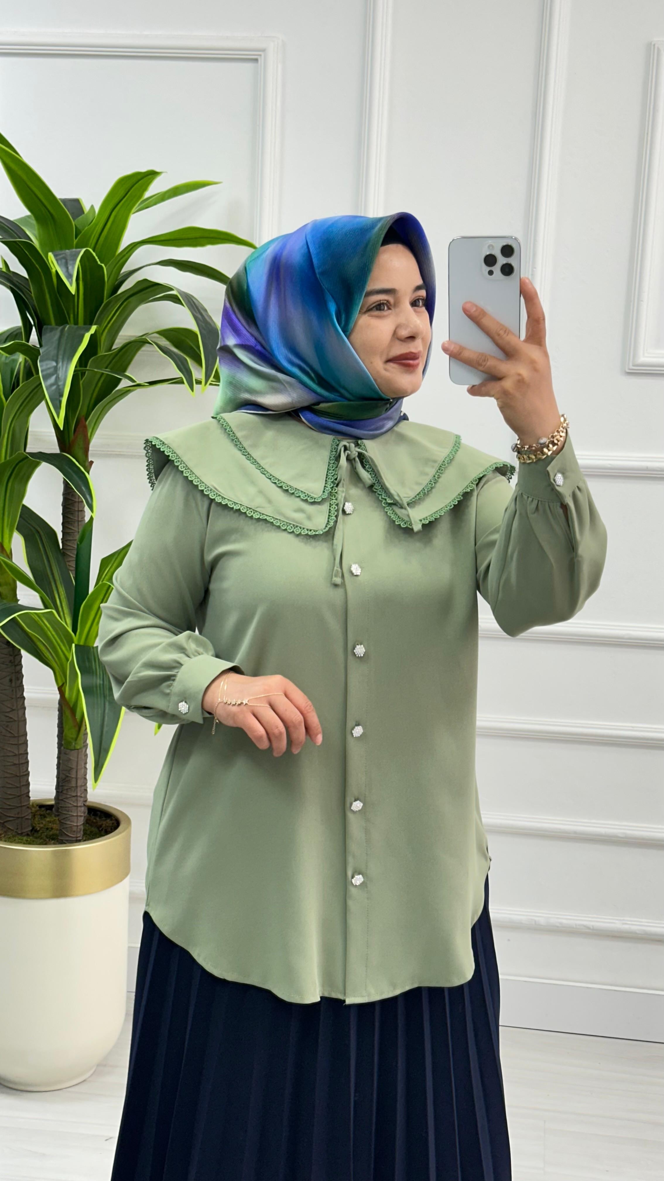 Dantelli Çift Yakalı Linda Tunik 1734 - Mint Yeşili