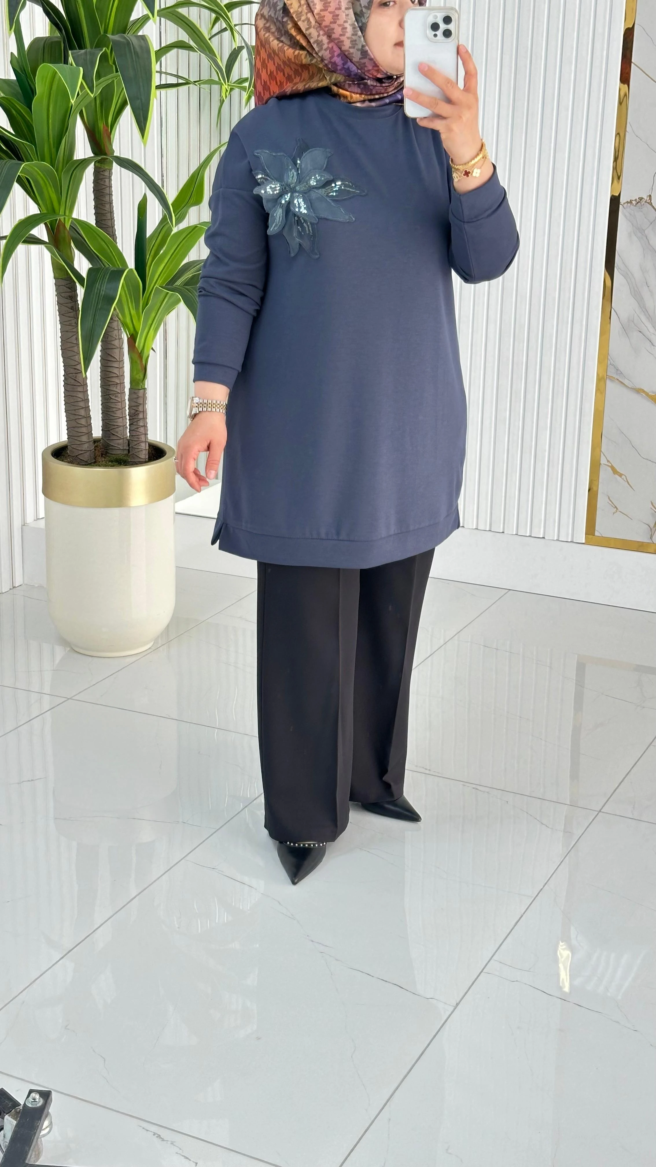 Kado Çiçek Desenli Tunik 7346 - Füme