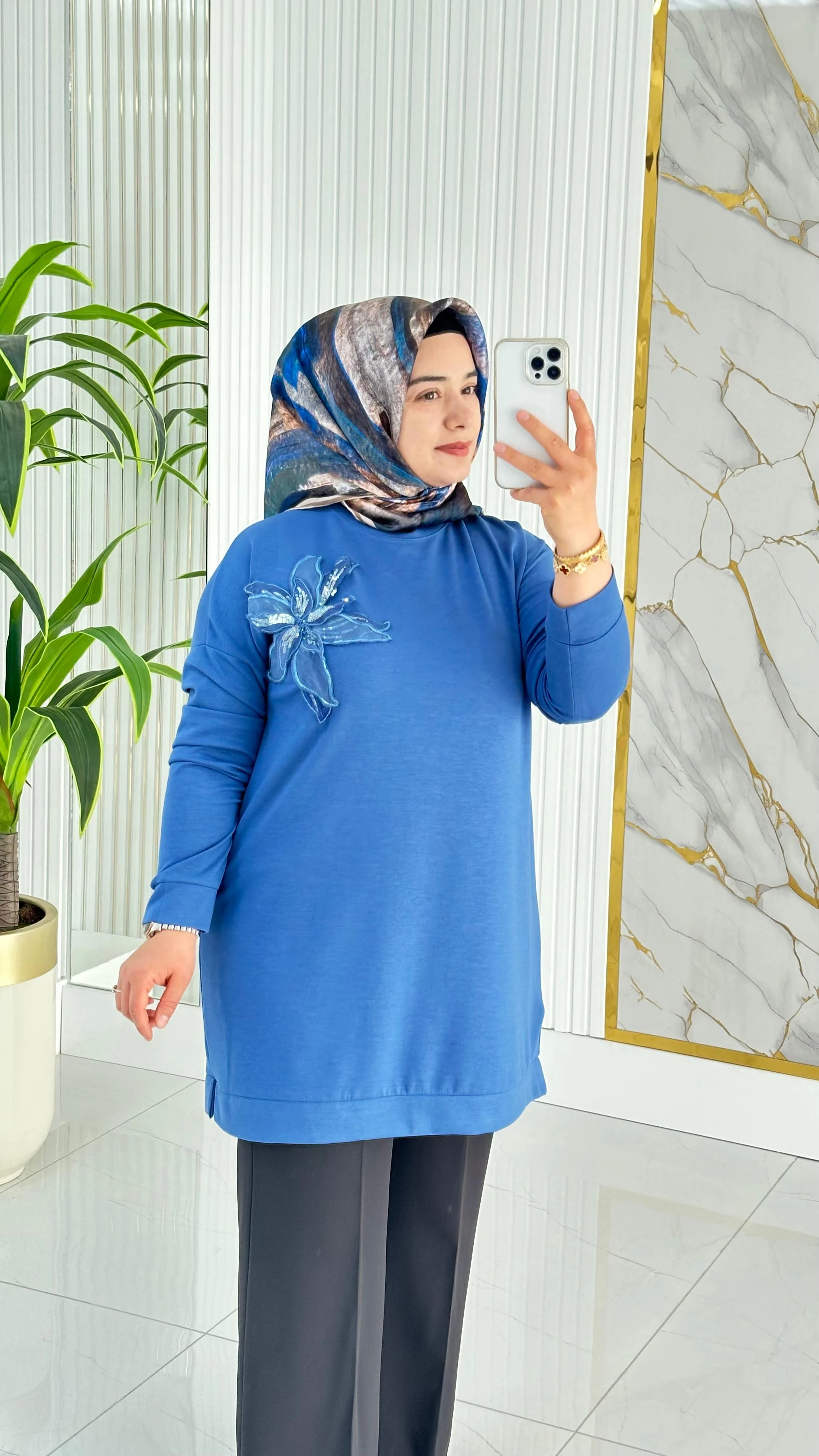 Kado Çiçek Desenli Tunik 7346 - Mavi