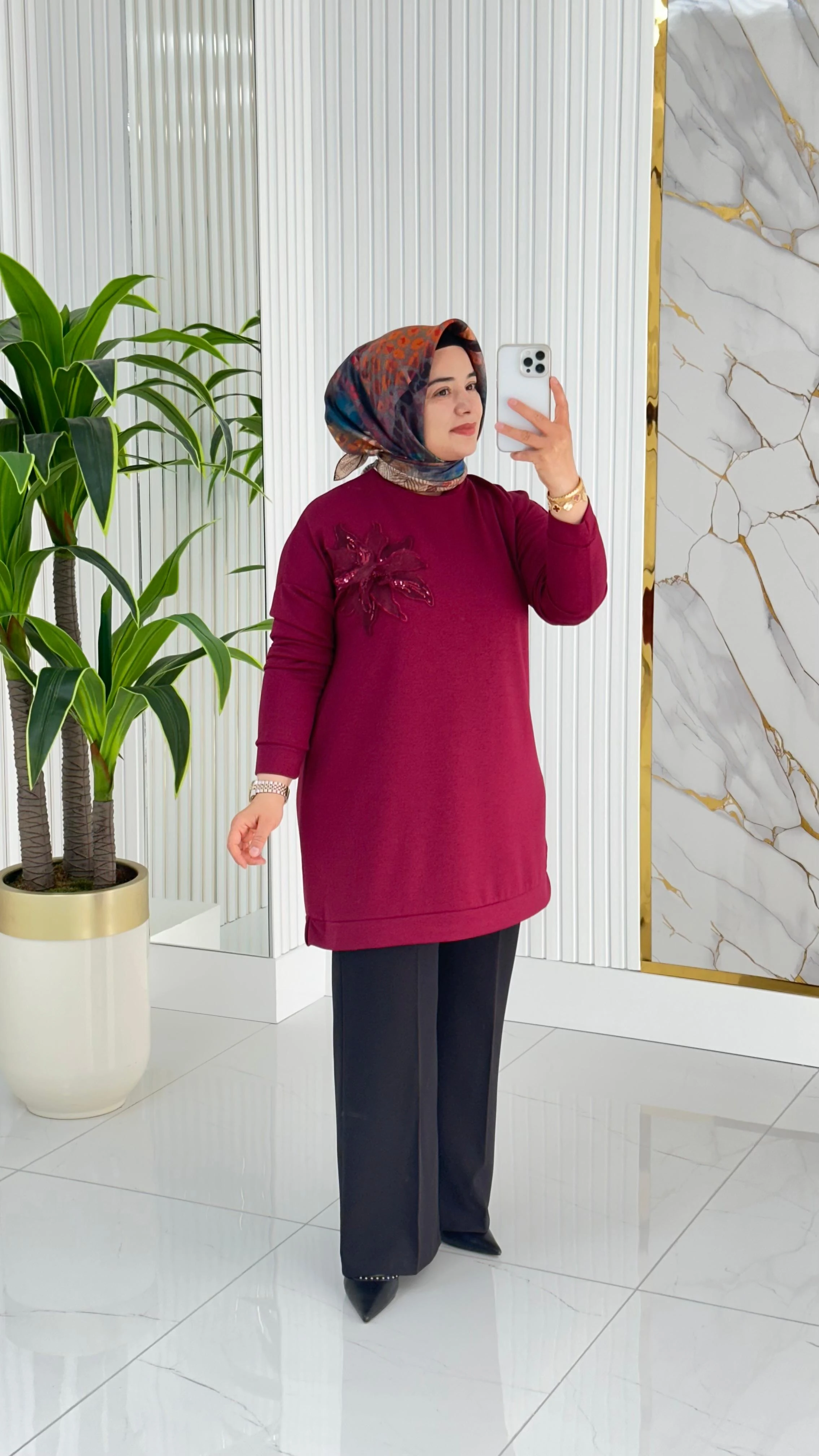 Kado Çiçek Desenli Tunik 7346 - Bordo