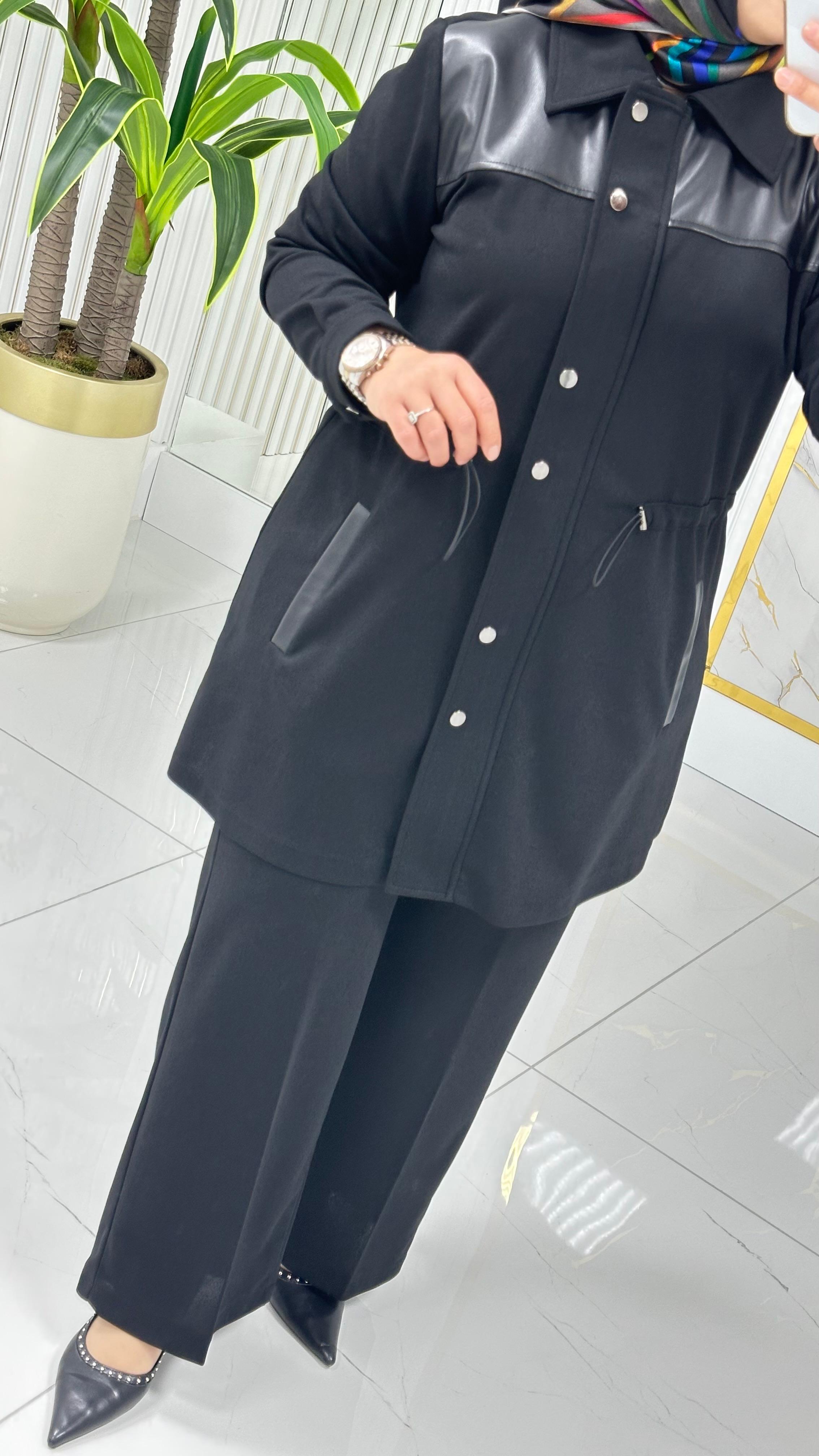 ÇINAR ÖZKAN DERİ DETAYLI İKİLİ TAKIM 2235 - Siyah