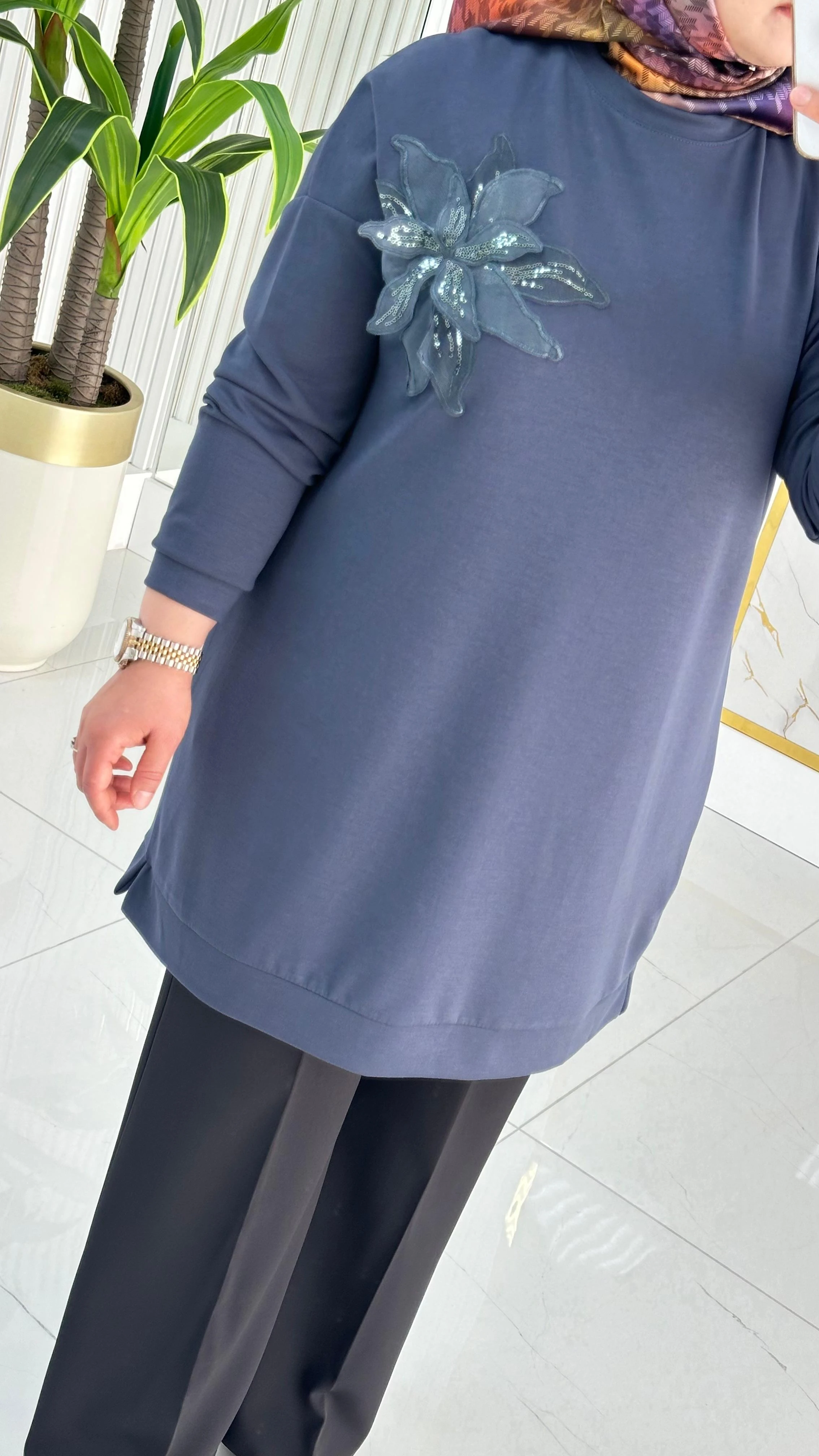 Kado Çiçek Desenli Tunik 7346 - Füme