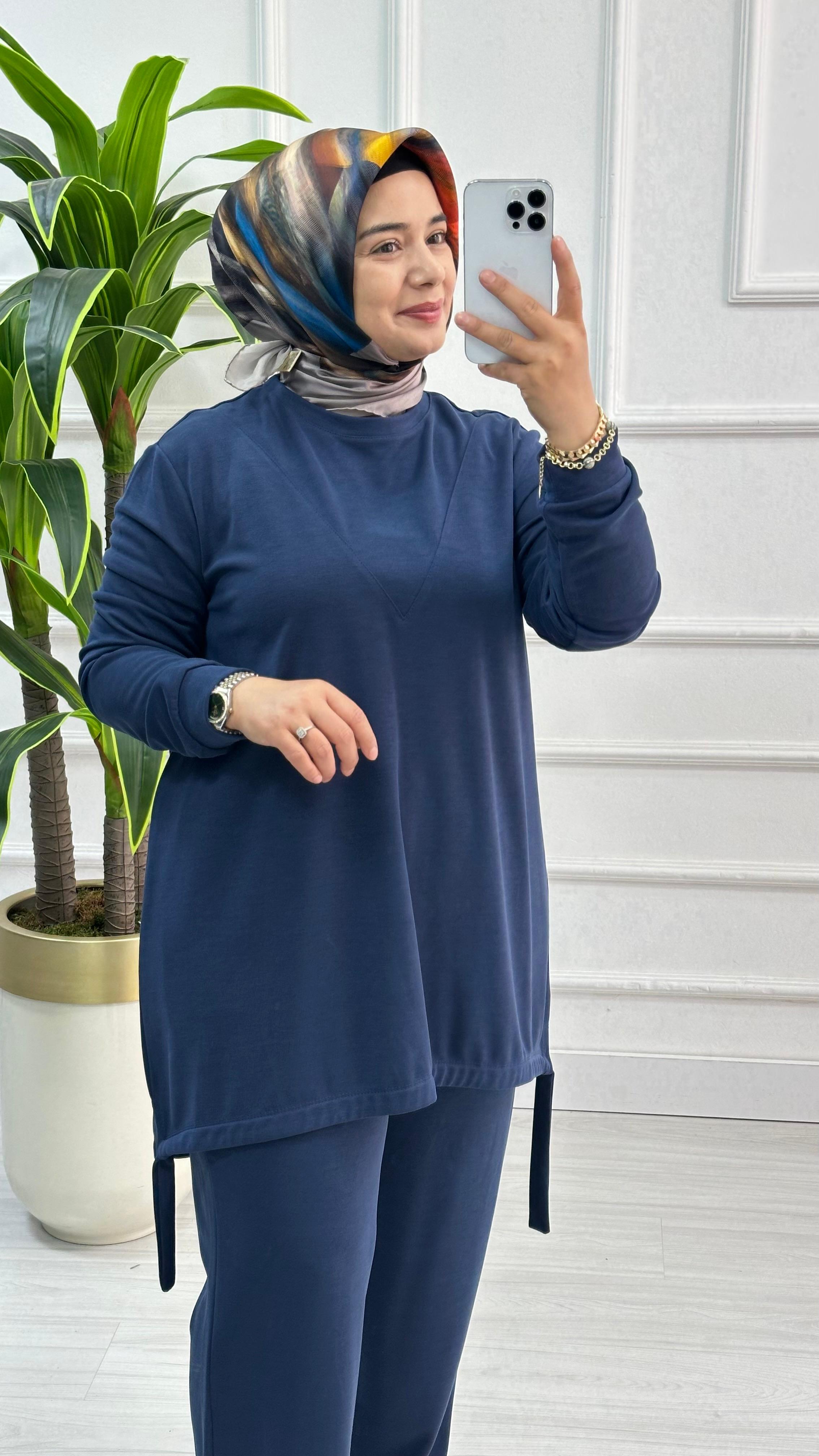 Düşük Omuz Önü Dikişli Tunik ve Pantolon Kadın İkili Takım KADO 7120 - Lacivert
