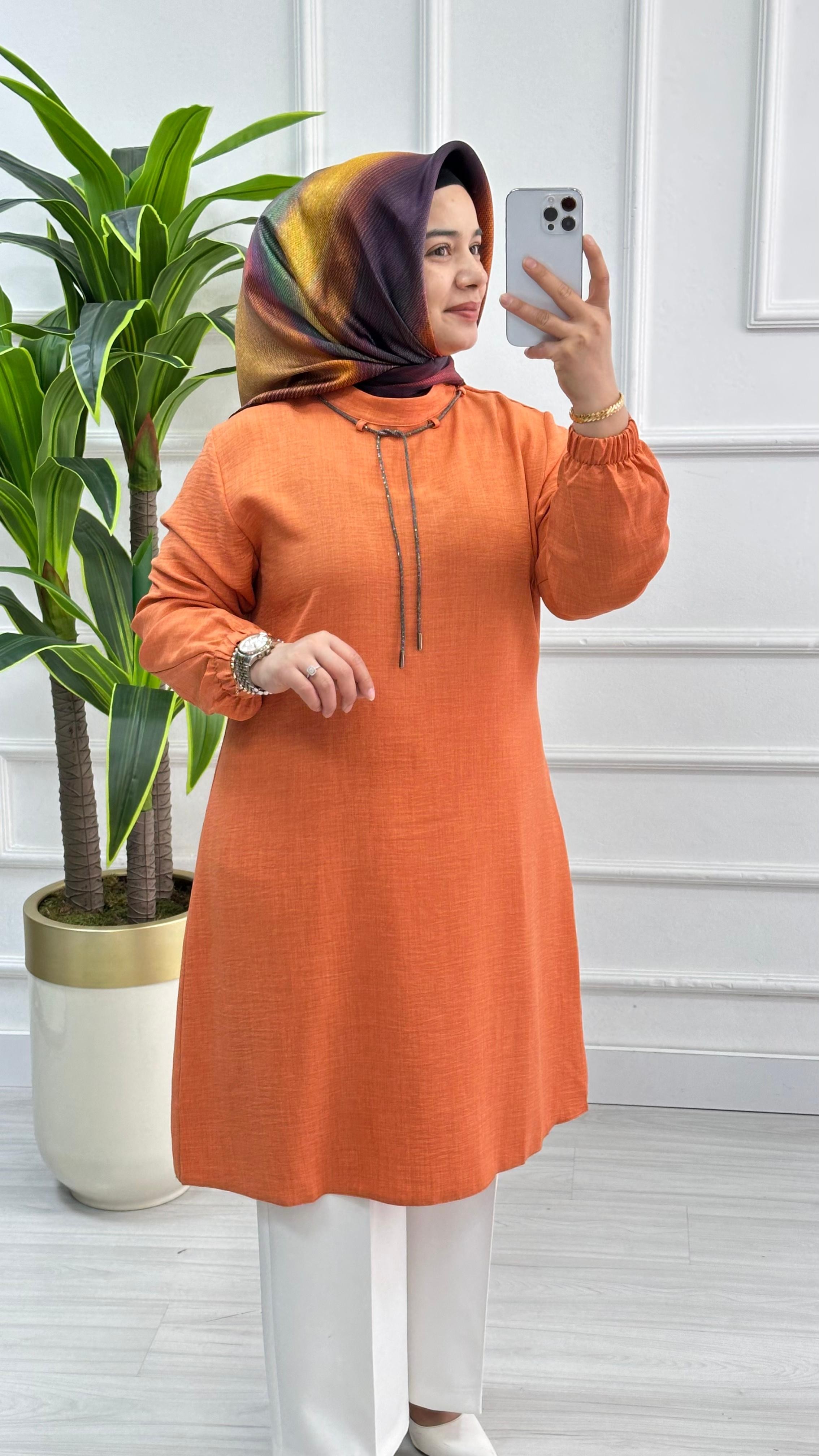 Sim İpli Pamuk Keten Tunik 2819 - Oranj