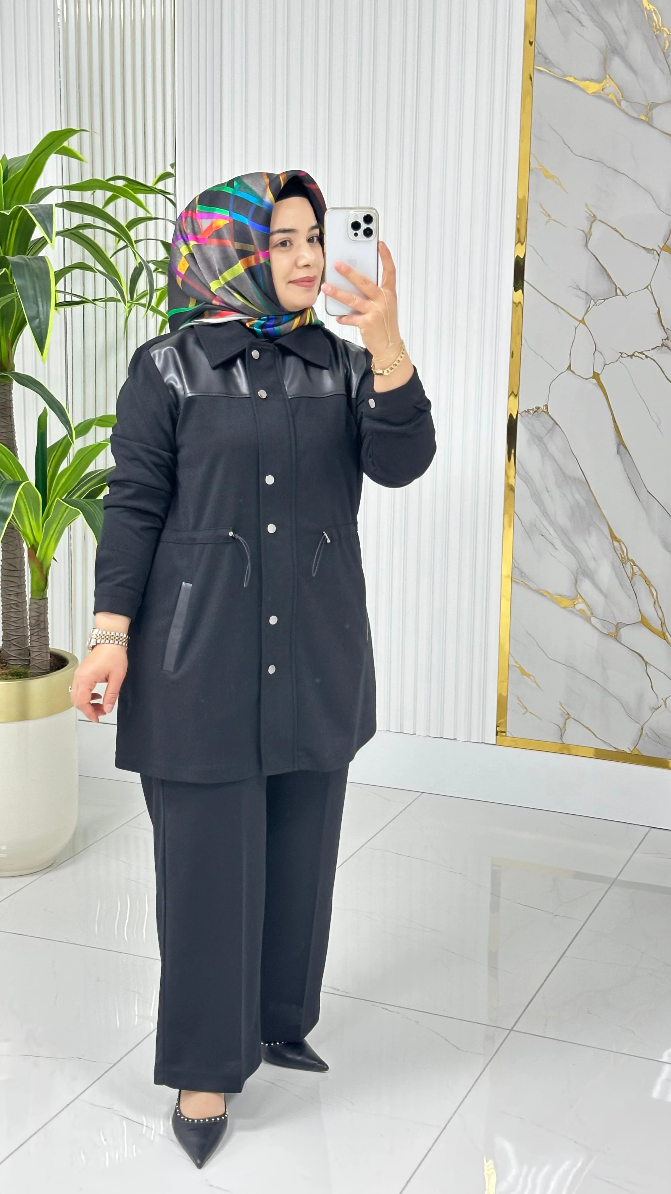 ÇINAR ÖZKAN DERİ DETAYLI İKİLİ TAKIM 2235 - Siyah