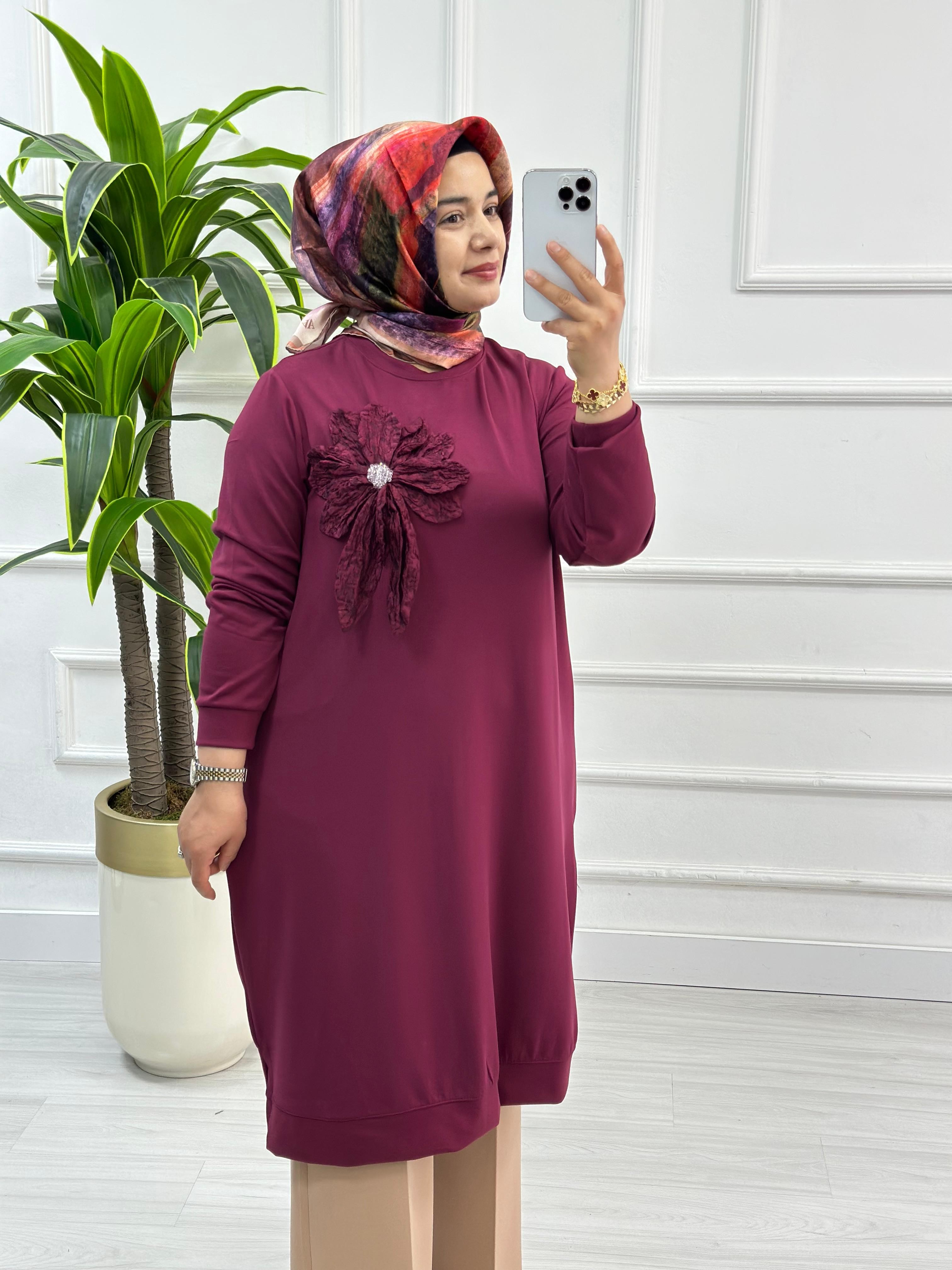 Kado Uzun Boy Çiçek Desenli Tunik 1354