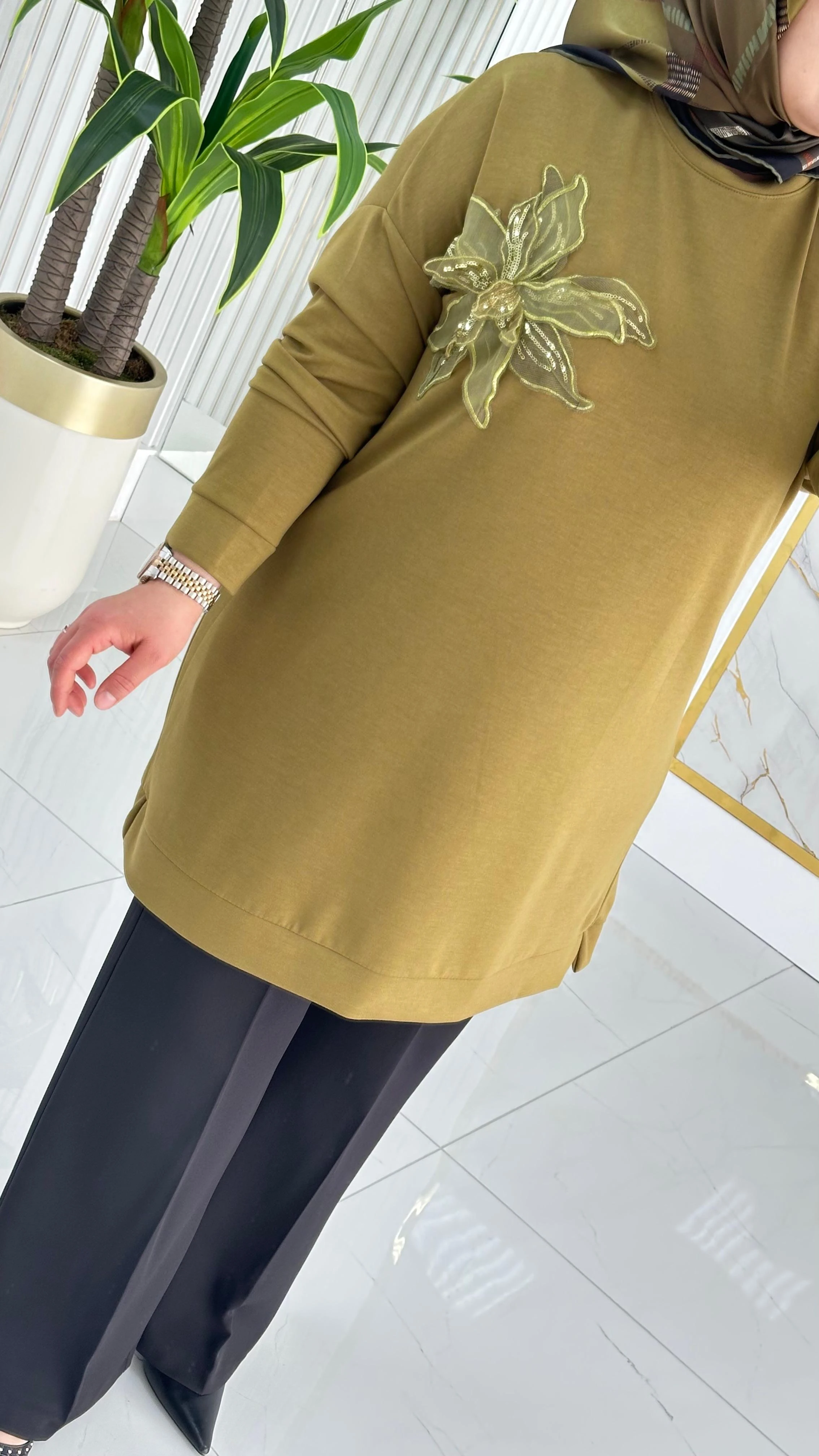 Kado Çiçek Desenli Tunik 7346 - Yağ Yeşili