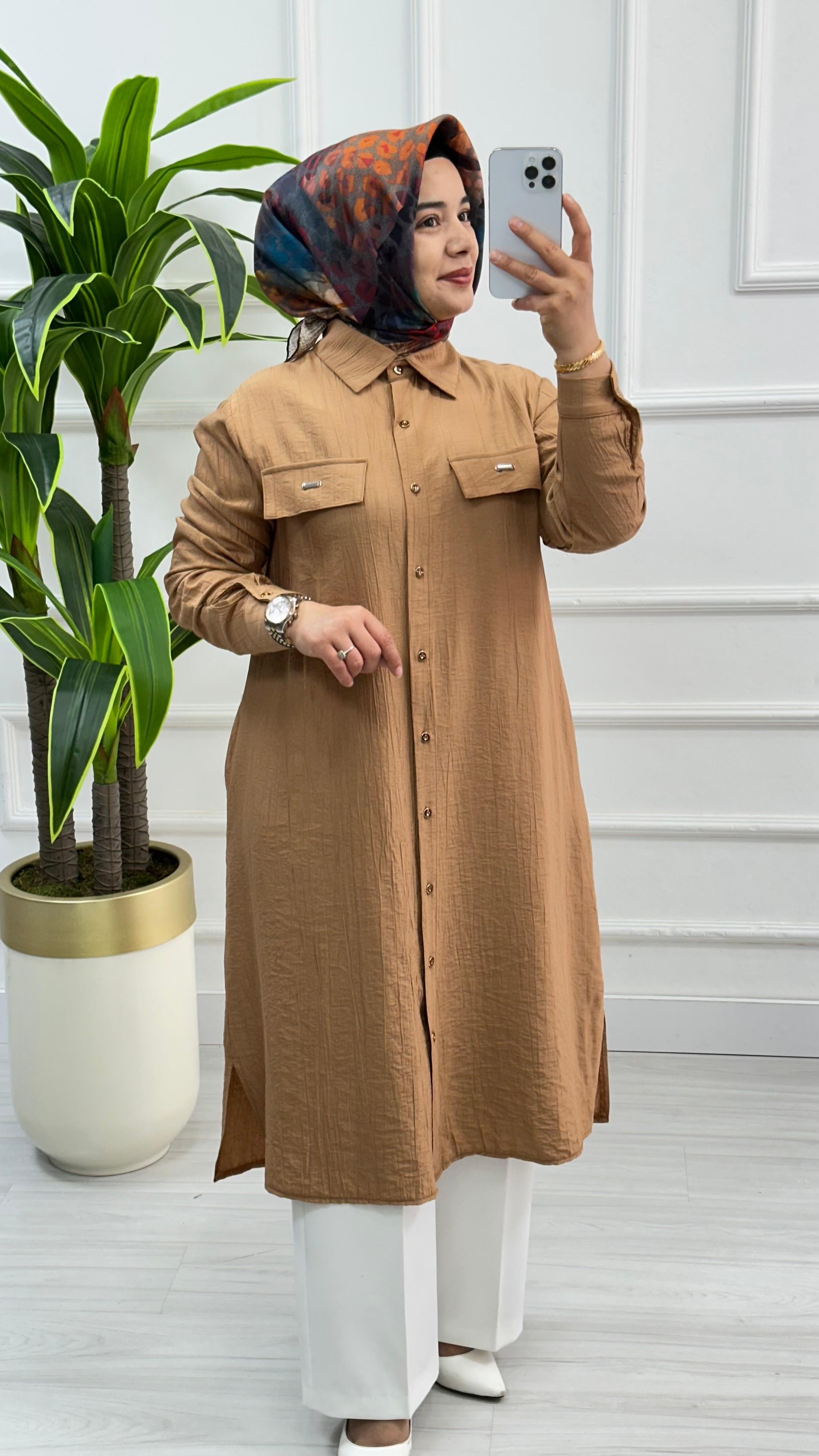 Kado Cep Detaylı Tensel Kumaş Tunik 1900 - Kavun