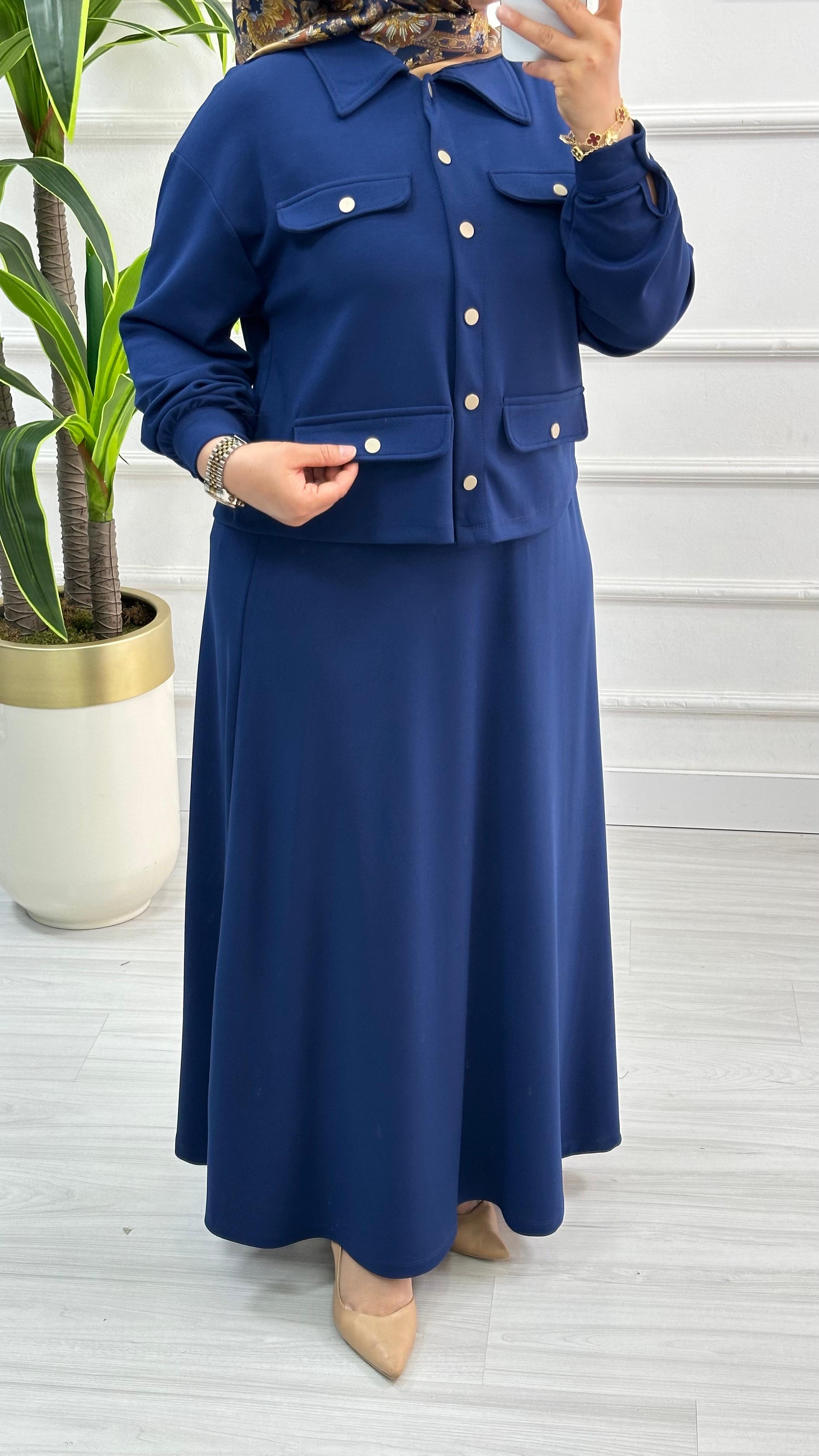 Kado Düğme Detaylı Etekli Takım 7050 - Saks Mavisi