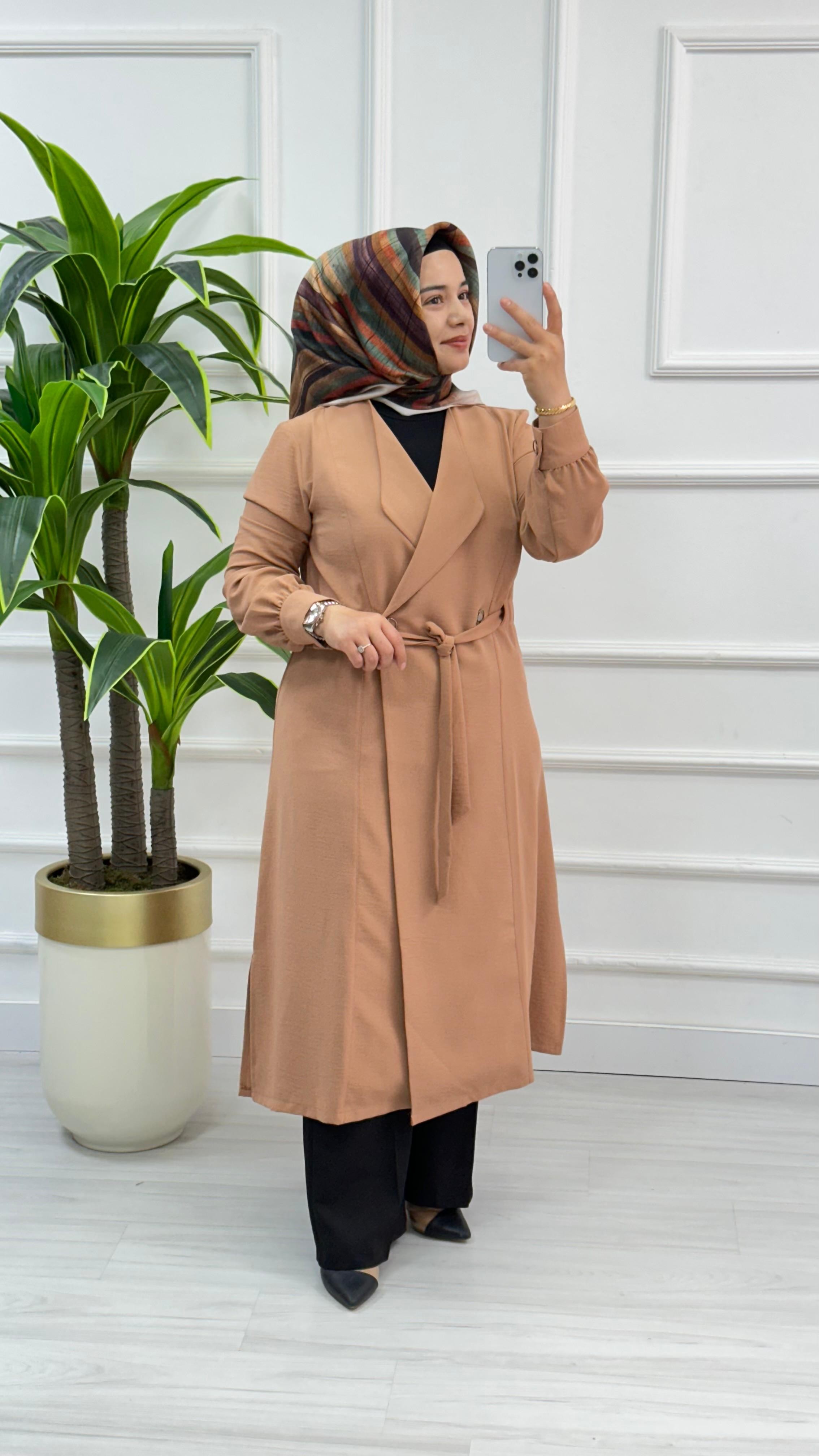 Panova Çıt Detaylı Kuşaklı Anvelok Kapamalı Giy Çık 7010 - Camel