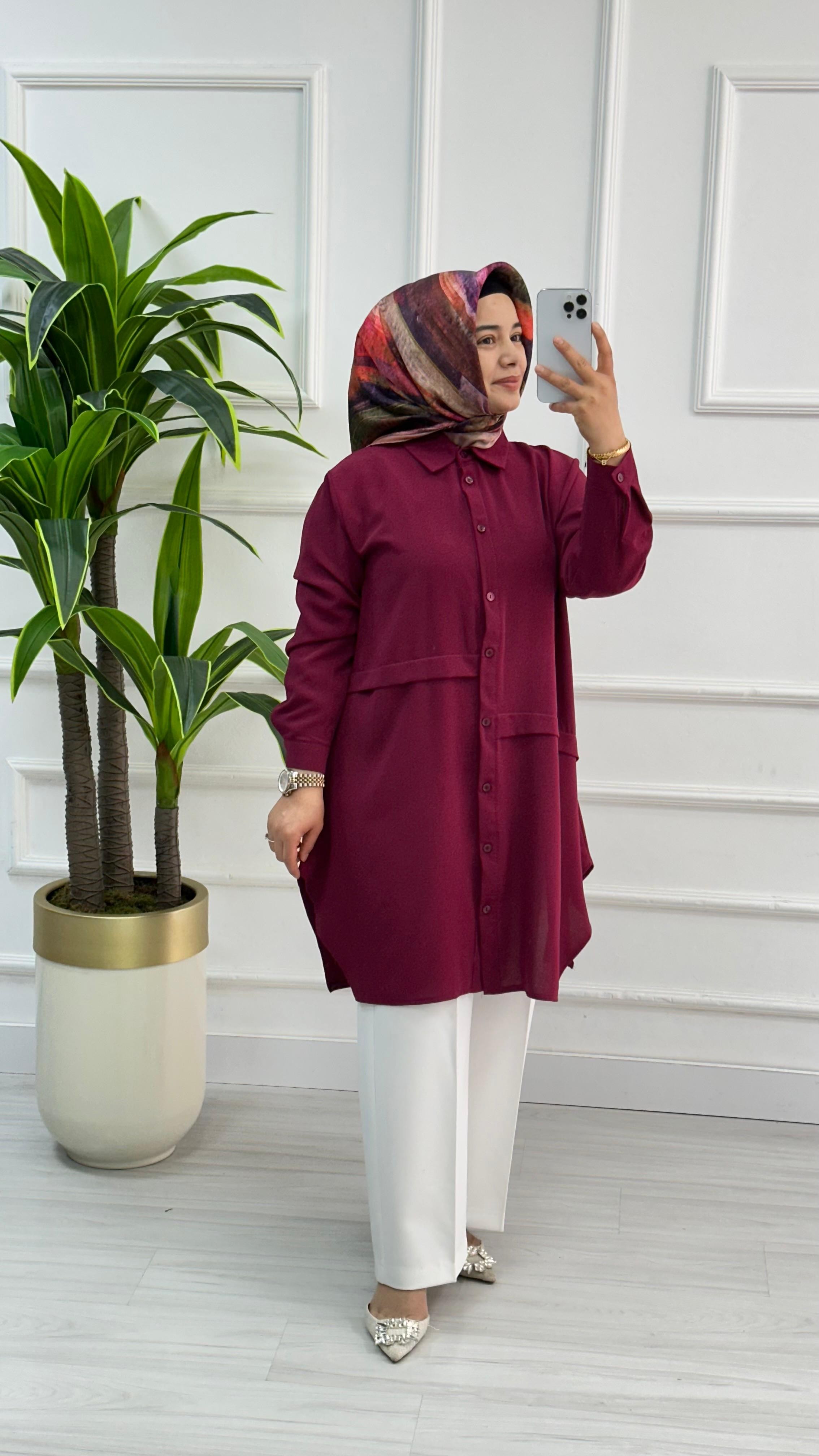 Önleri Geniş Pileli Linda Rahat Kalıp Tunik 1173 - Bordo